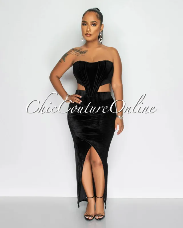 *Basta Black Corset Top & Draped Maxi Skirt Velvet Set sold by Chic Couture