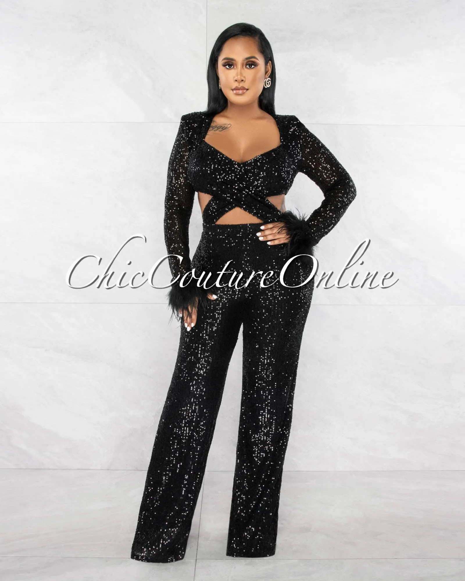*Thorne Black Sequins Cut-Out Waist Feather Cuffs Jumpsuit sold by Chic Couture product image thumbnail 2