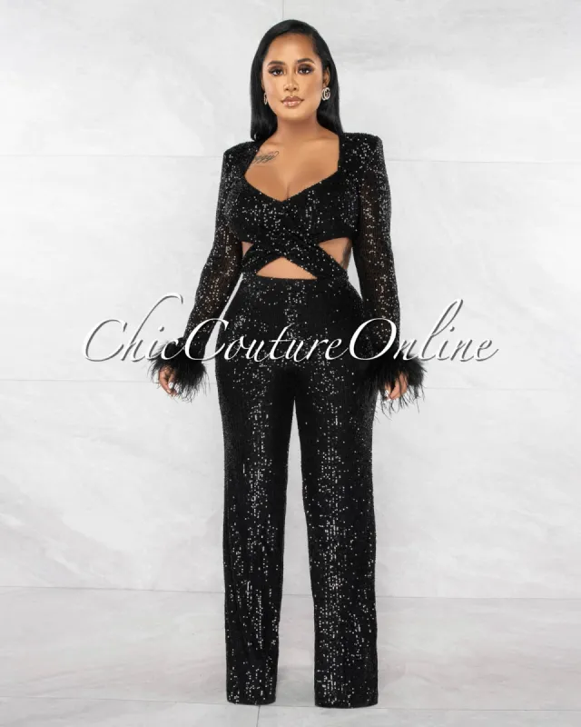 *Thorne Black Sequins Cut-Out Waist Feather Cuffs Jumpsuit sold by Chic Couture