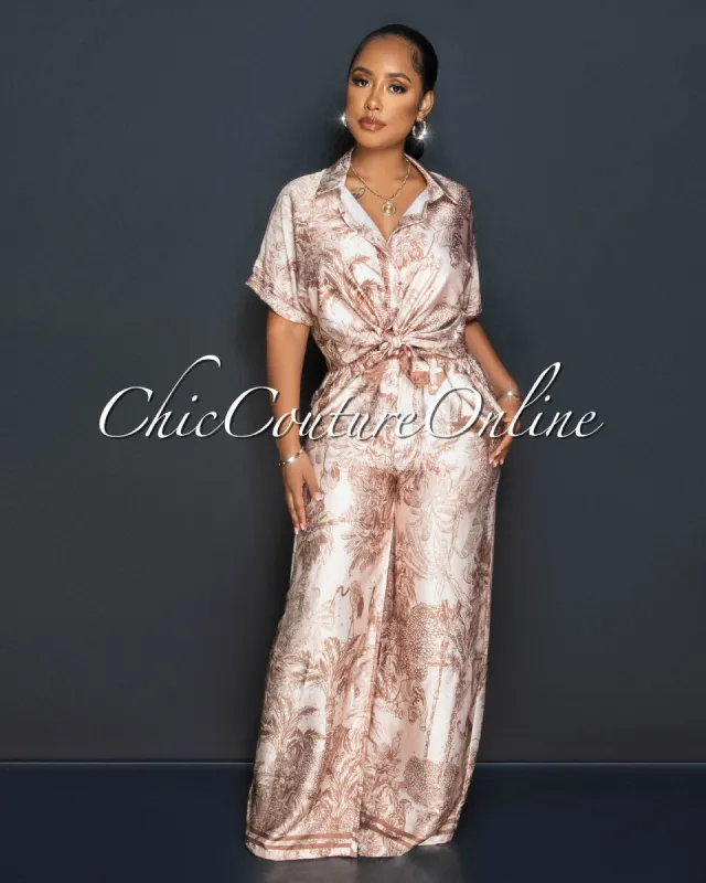 Akira Nude Brown Print Shirt & Wide Pants Silky Set sold by Chic Couture