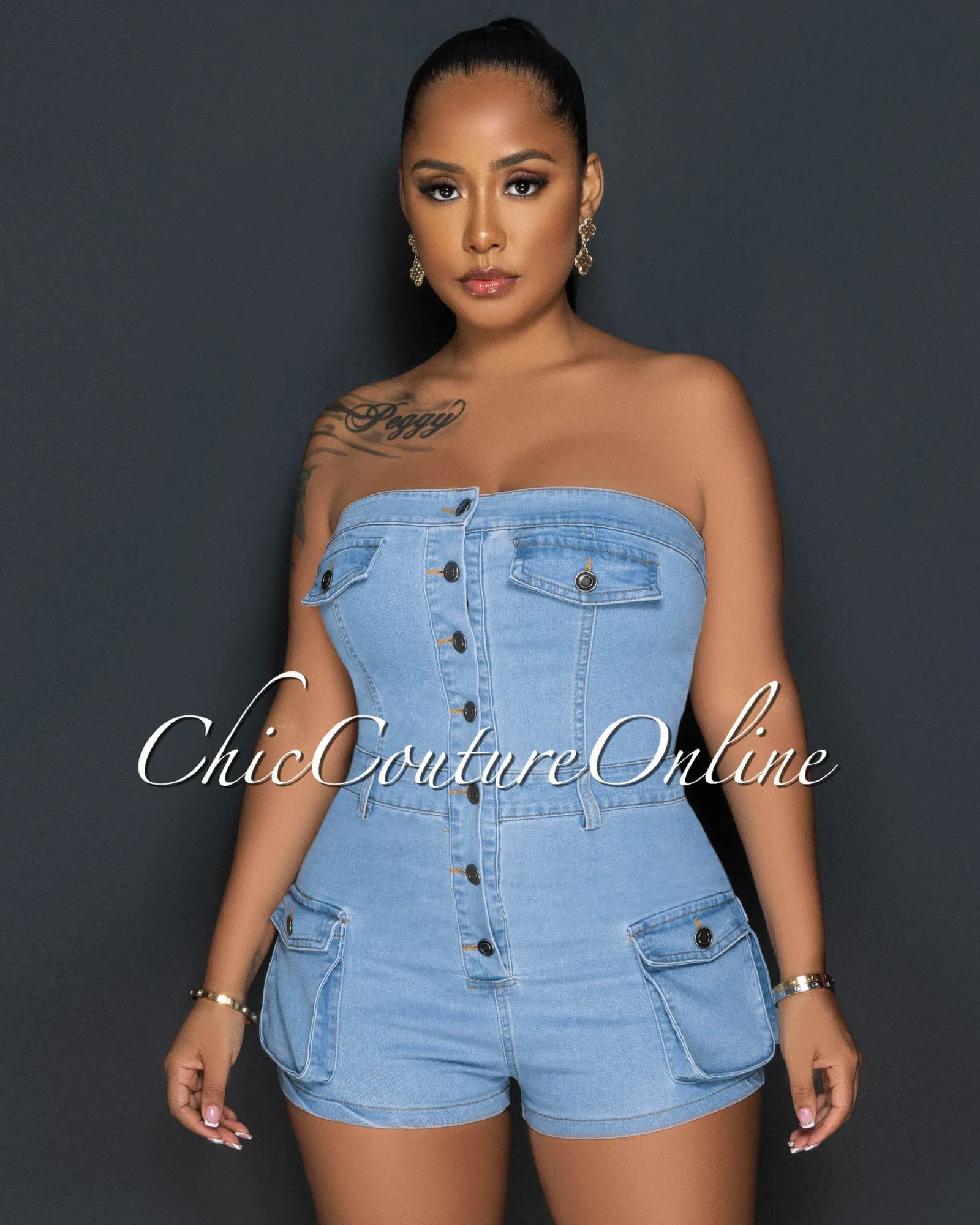 *Molara Light Denim Strapless Cargo Romper sold by Chic Couture product image thumbnail 4
