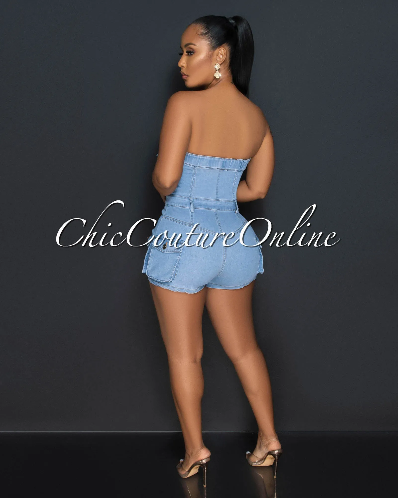 *Molara Light Denim Strapless Cargo Romper sold by Chic Couture product image thumbnail 3