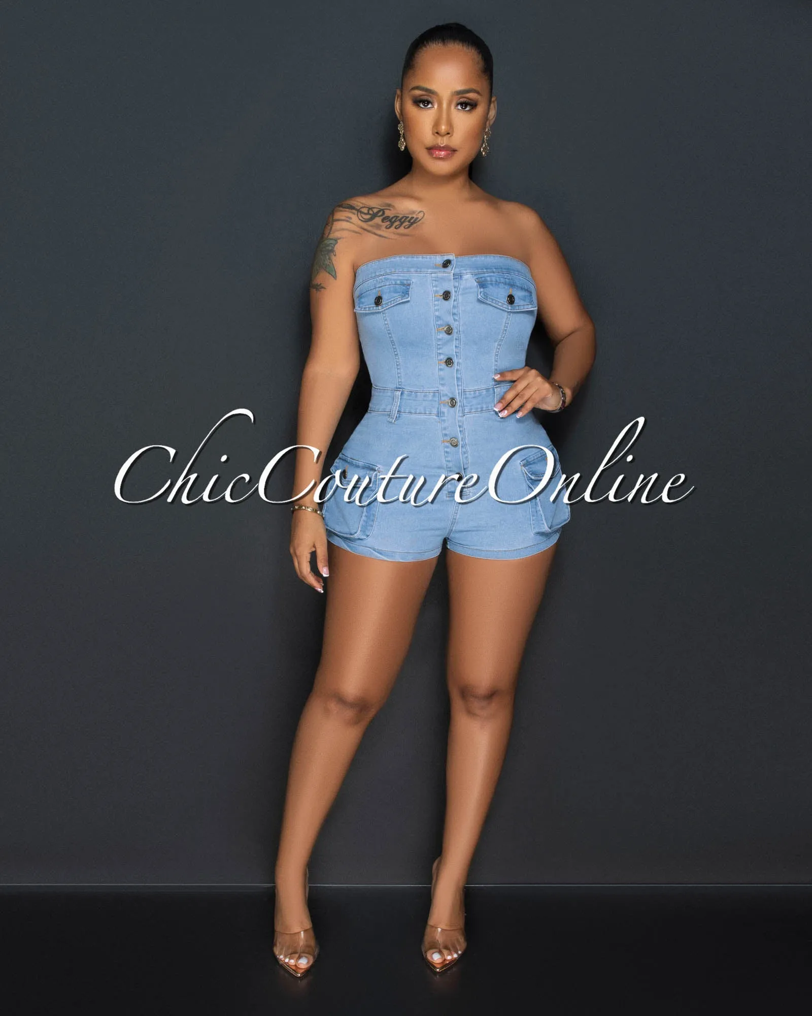 *Molara Light Denim Strapless Cargo Romper sold by Chic Couture