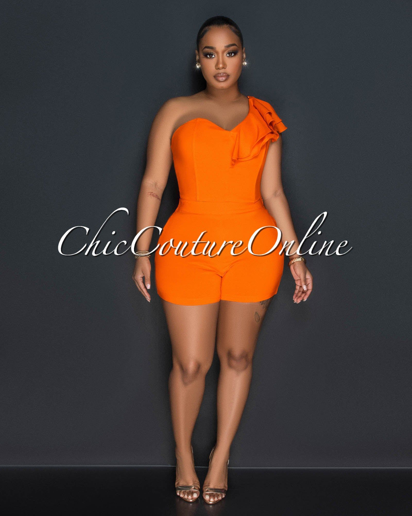 Mylie Orange Sigle Ruffle Sleeve Crop Top & Shorts Set sold by Chic Couture