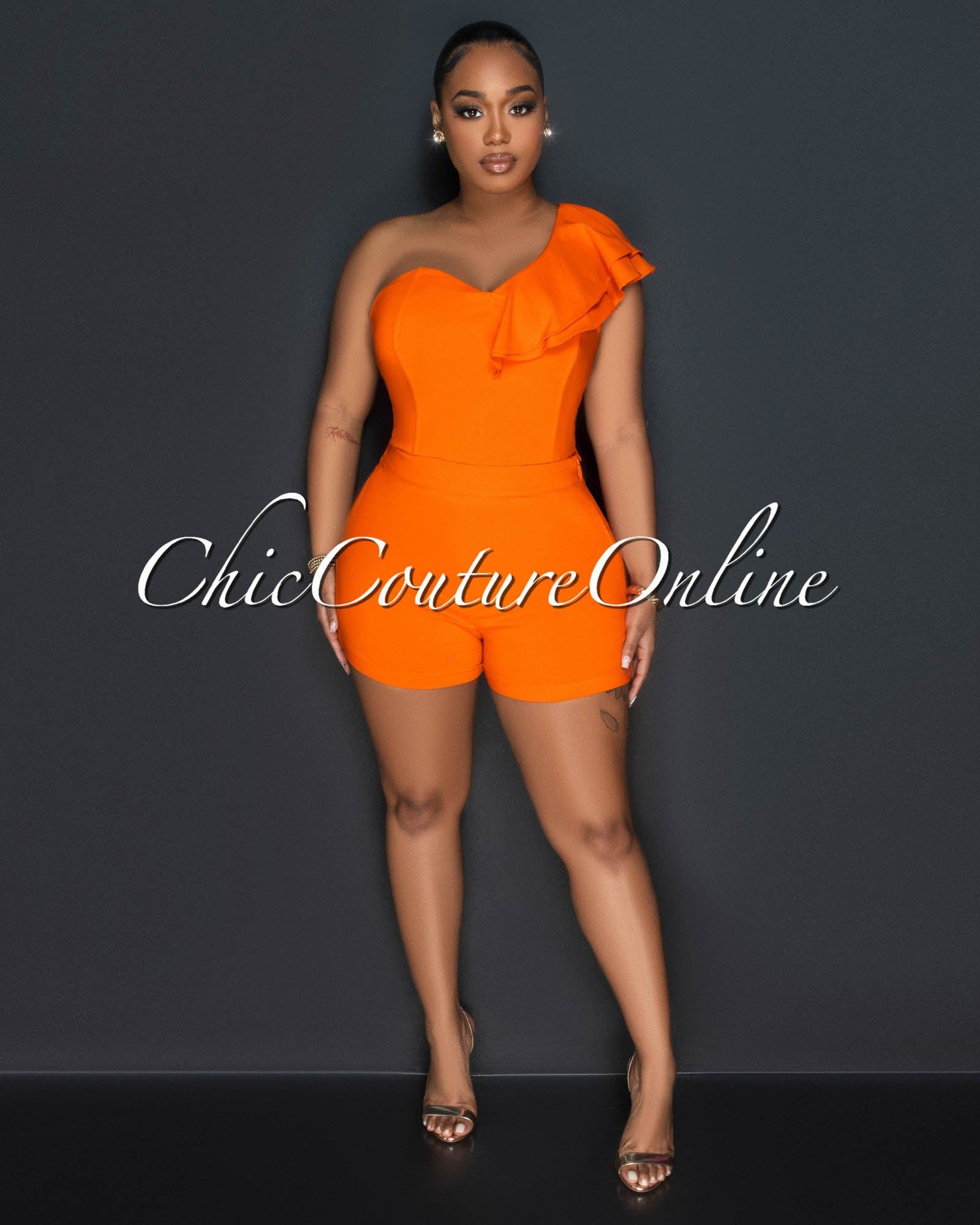 Mylie Orange Sigle Ruffle Sleeve Crop Top & Shorts Set sold by Chic Couture product image thumbnail 2