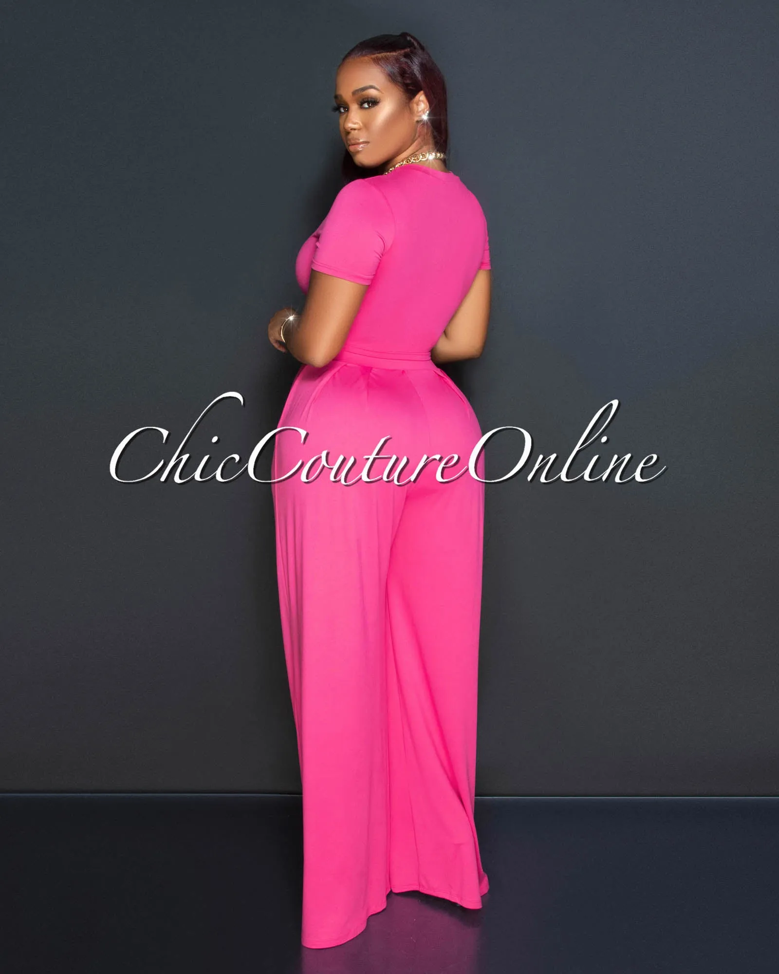 Rossy Fuchsia Crop Top & Wide Leg Pants Set sold by Chic Couture product image thumbnail 3