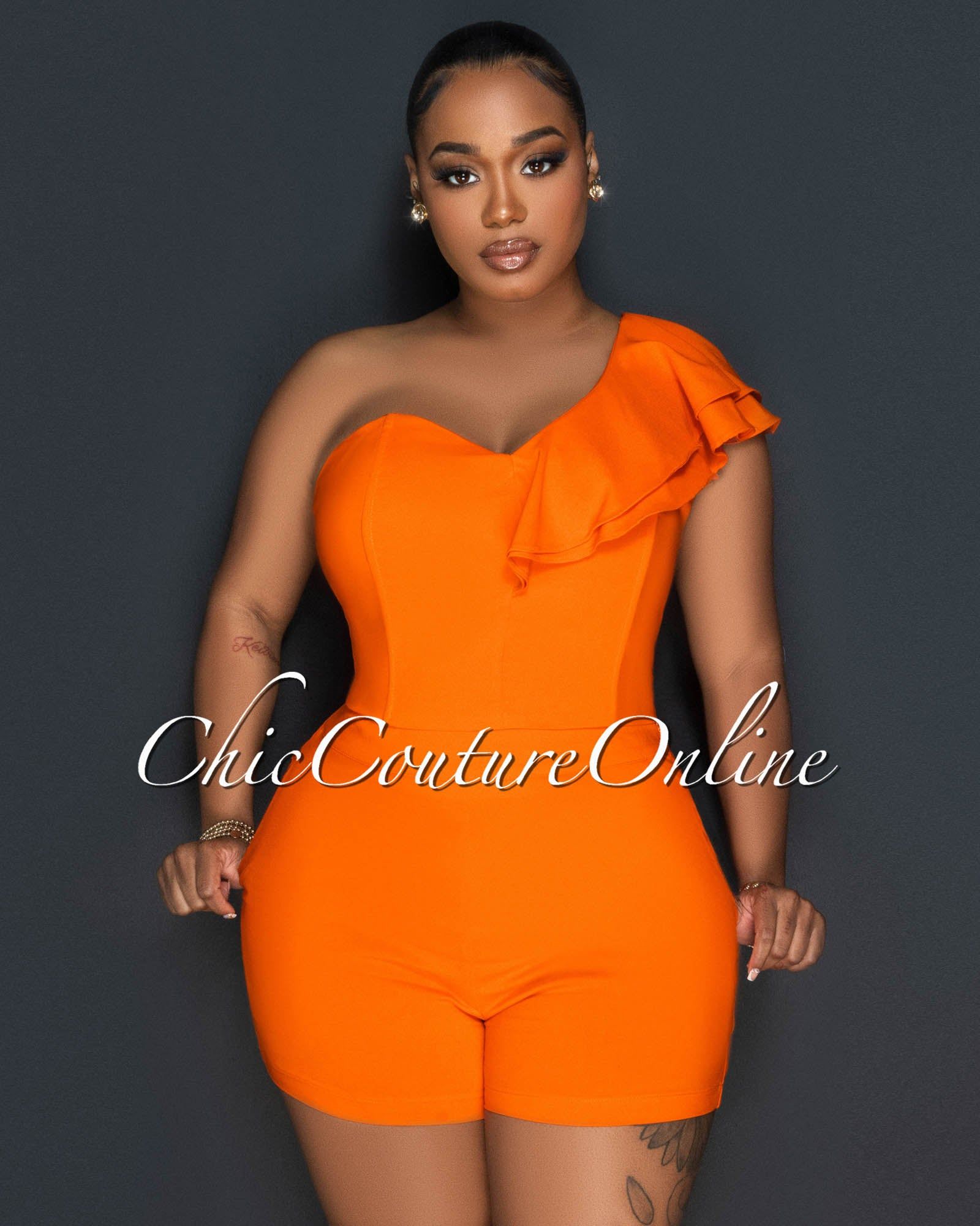Mylie Orange Sigle Ruffle Sleeve Crop Top & Shorts Set sold by Chic Couture product image thumbnail 4