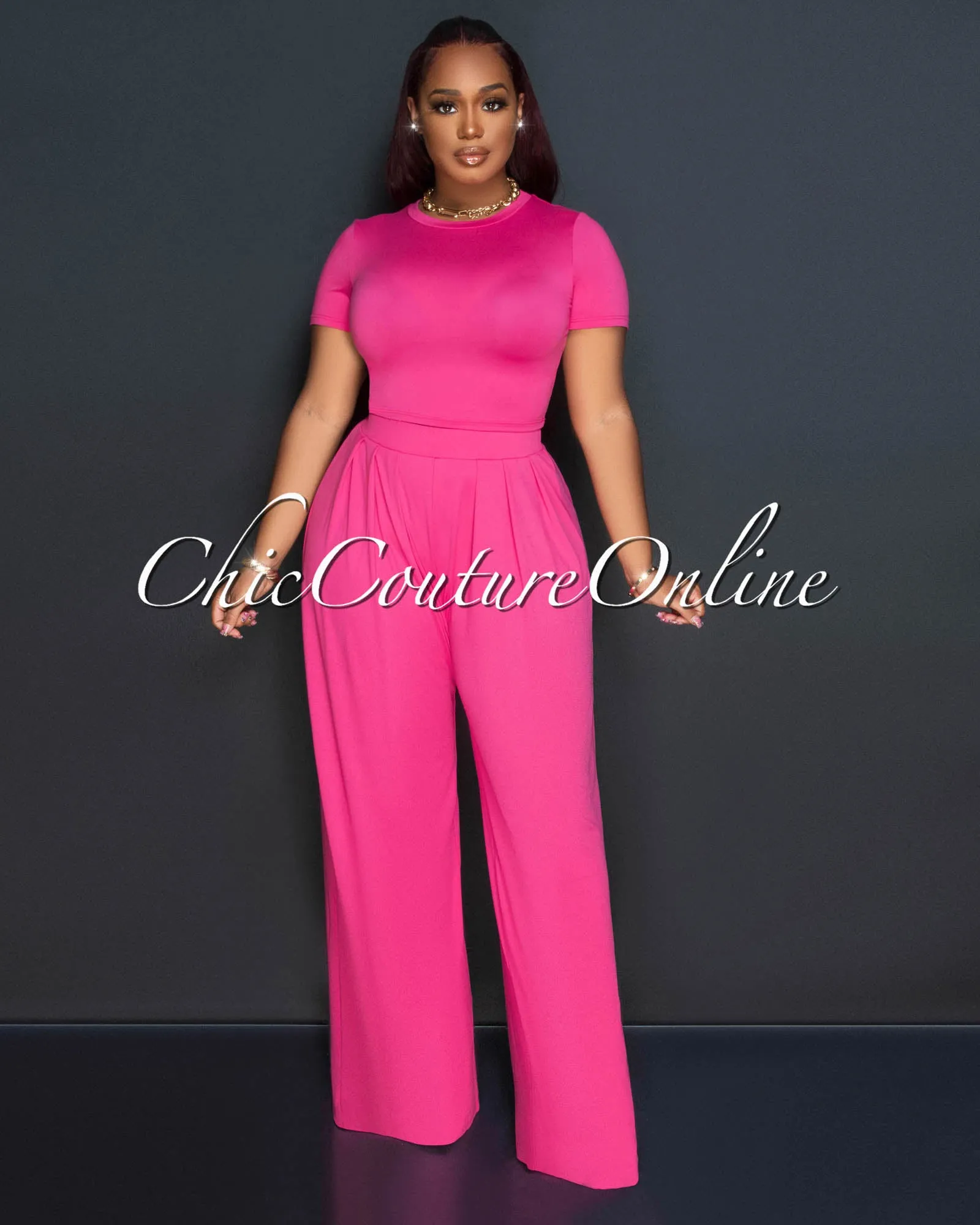 Rossy Fuchsia Crop Top & Wide Leg Pants Set sold by Chic Couture product image thumbnail 2
