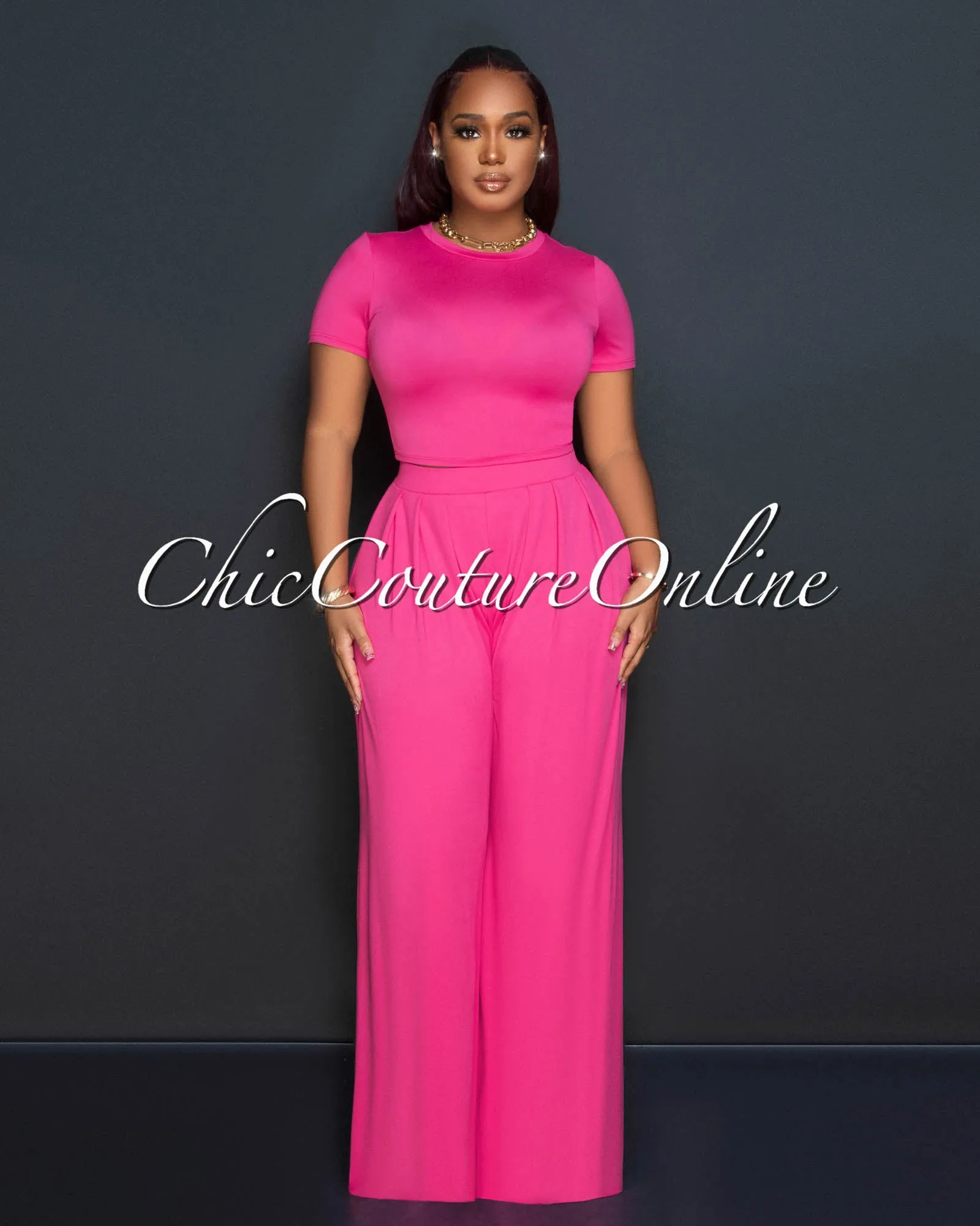 Rossy Fuchsia Crop Top & Wide Leg Pants Set sold by Chic Couture