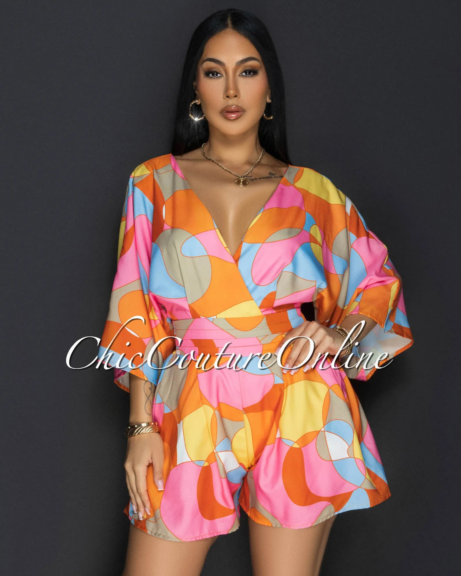 Mae Pink Multi-Color Print Romper sold by Chic Couture product image thumbnail 3