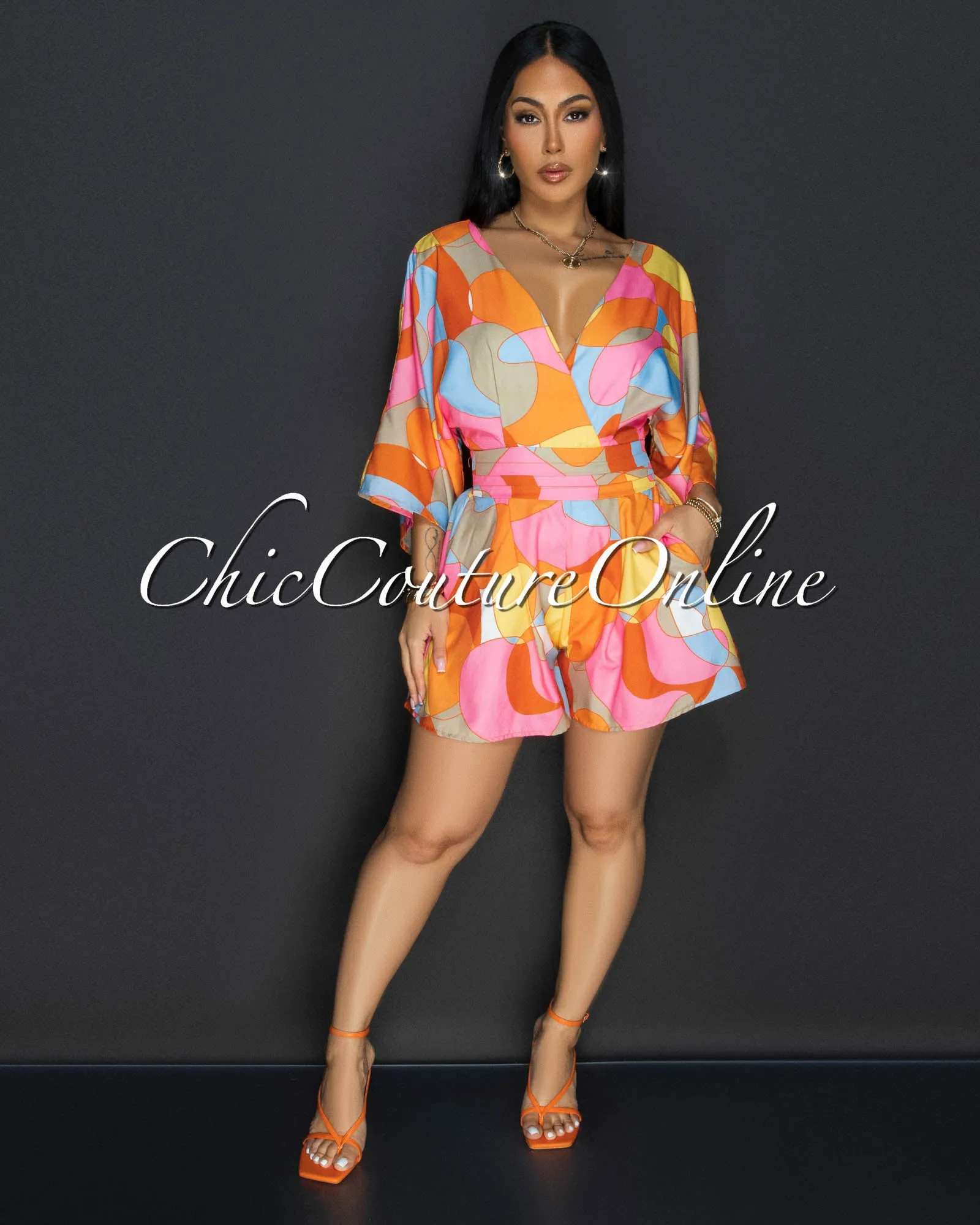 Mae Pink Multi-Color Print Romper sold by Chic Couture