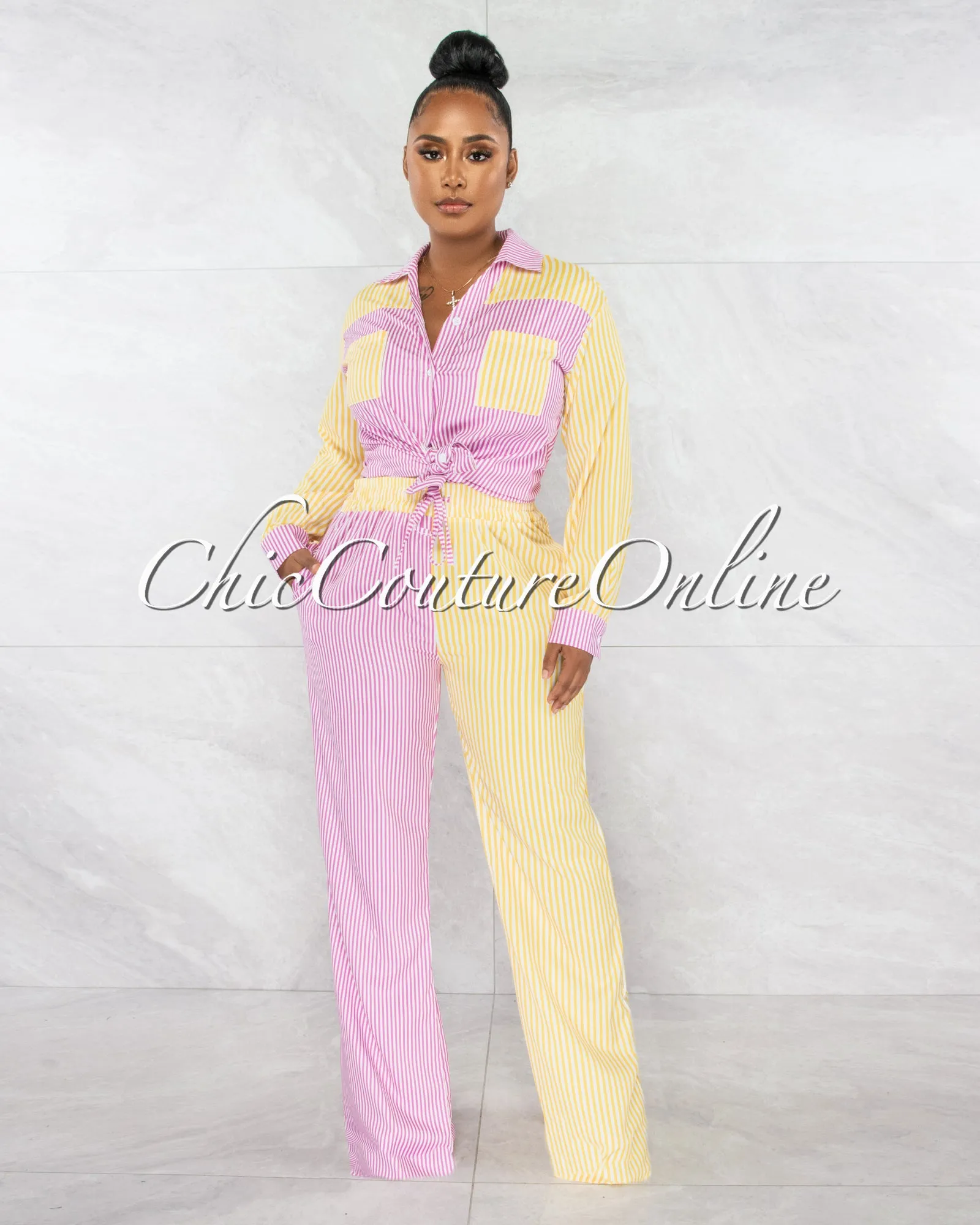 Tesher Pink Yellow Stripes Shirt & Wide Pants Set sold by Chic Couture