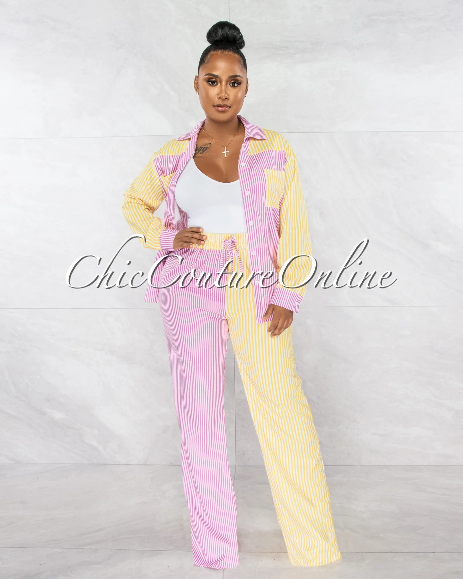 Tesher Pink Yellow Stripes Shirt & Wide Pants Set sold by Chic Couture product image thumbnail 2