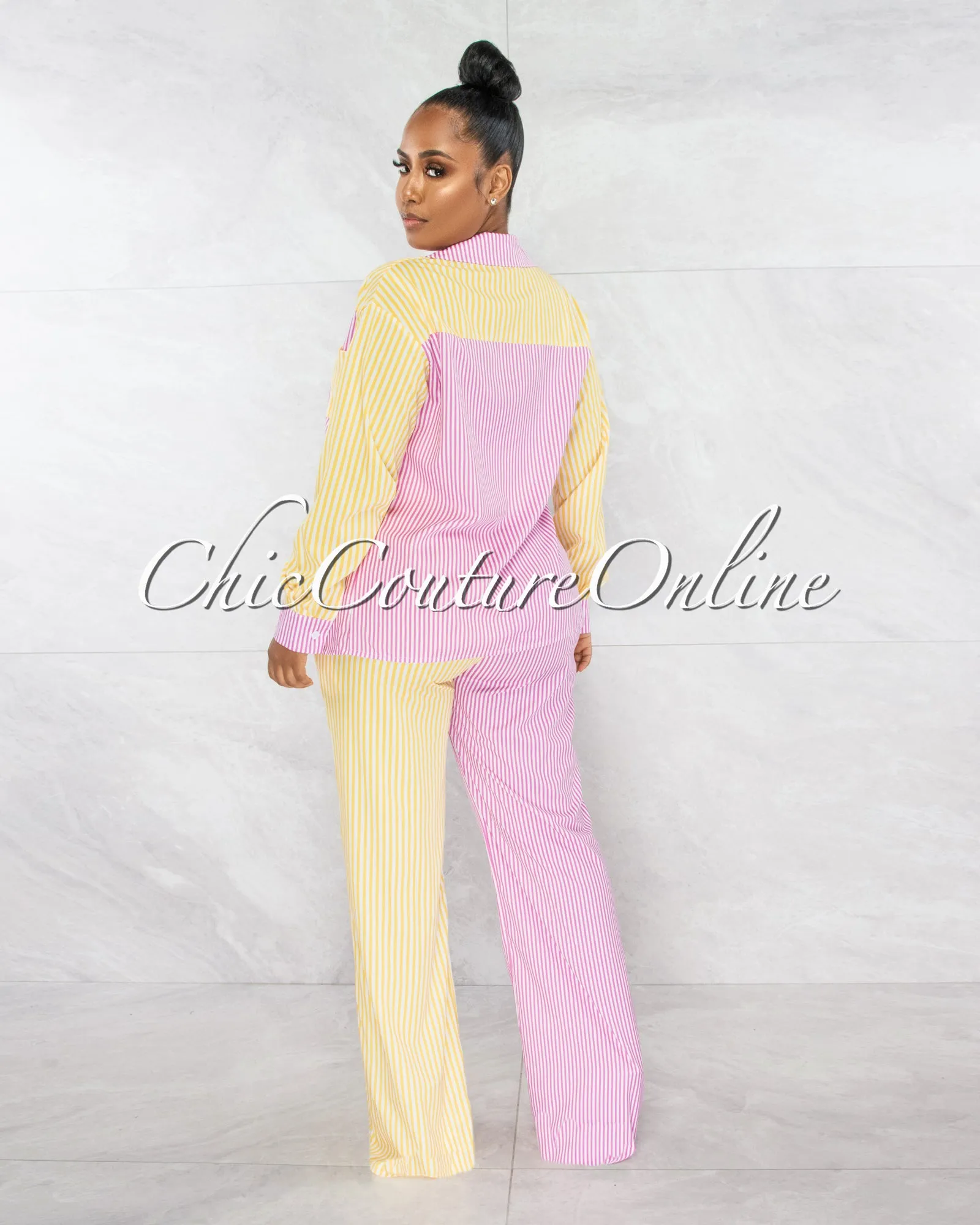 Tesher Pink Yellow Stripes Shirt & Wide Pants Set sold by Chic Couture product image thumbnail 3