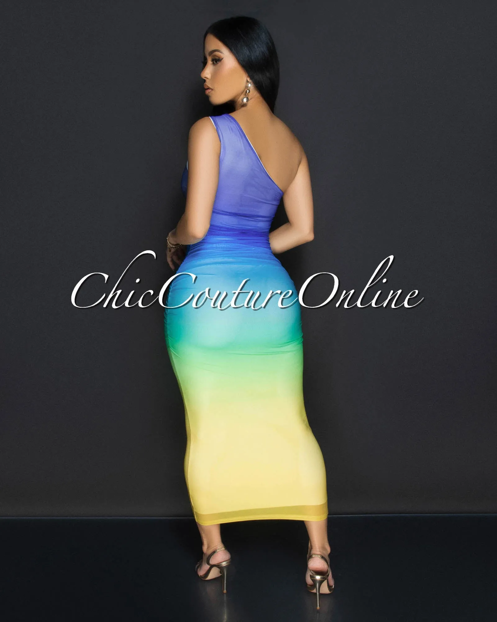 Luni Blue Multi Single Shoulder Mesh Ruched Dress sold by Chic Couture product image thumbnail 3