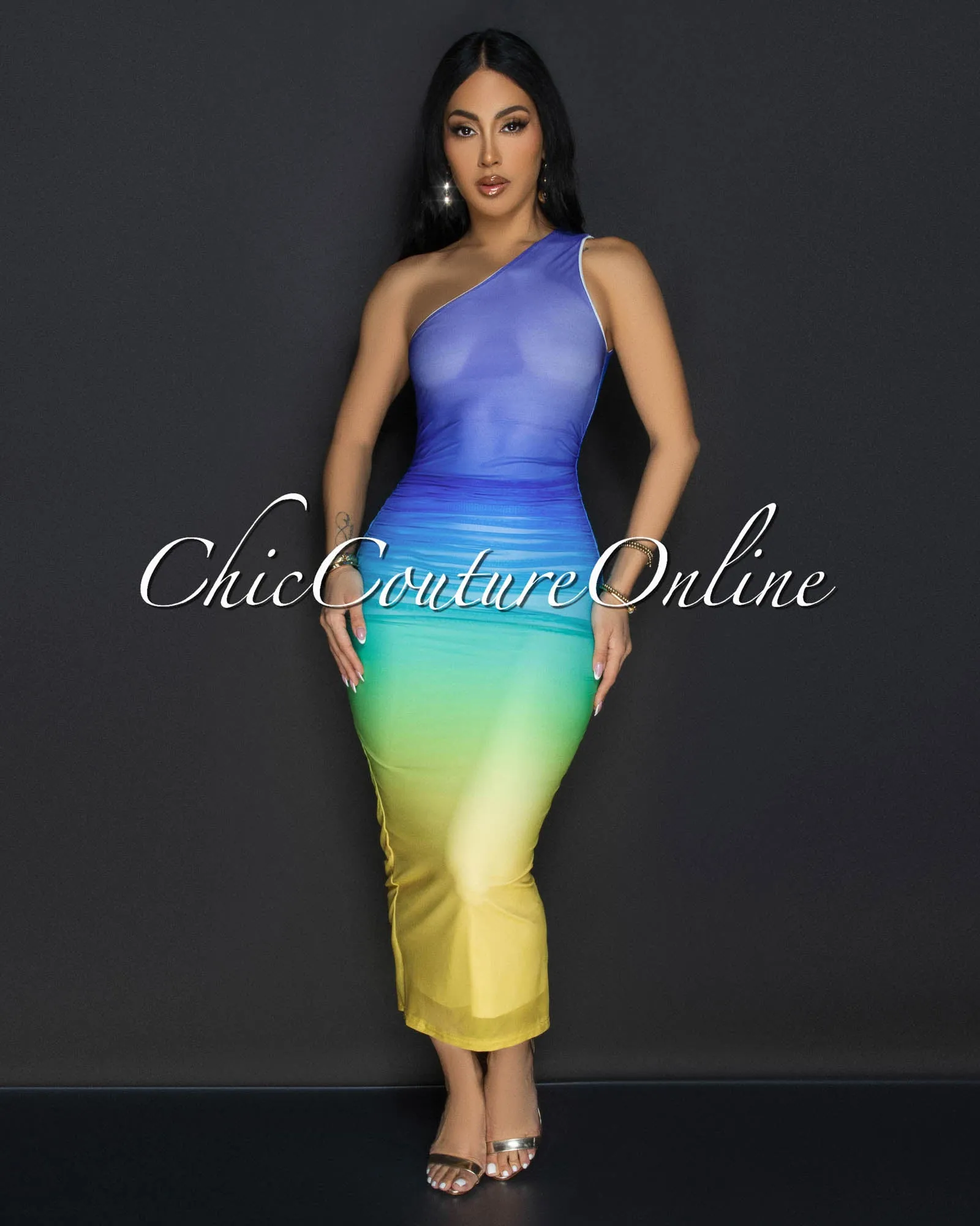 Luni Blue Multi Single Shoulder Mesh Ruched Dress sold by Chic Couture