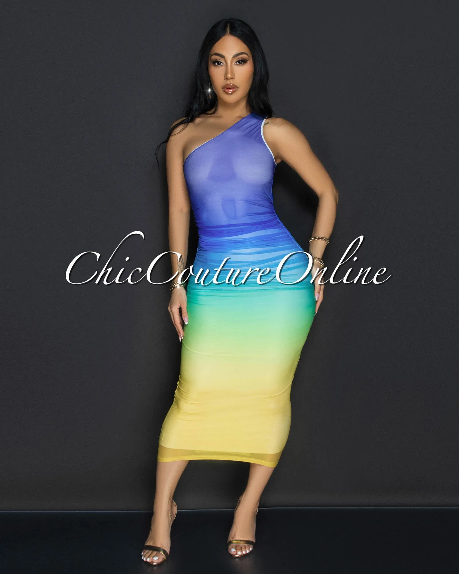 Luni Blue Multi Single Shoulder Mesh Ruched Dress sold by Chic Couture product image thumbnail 2