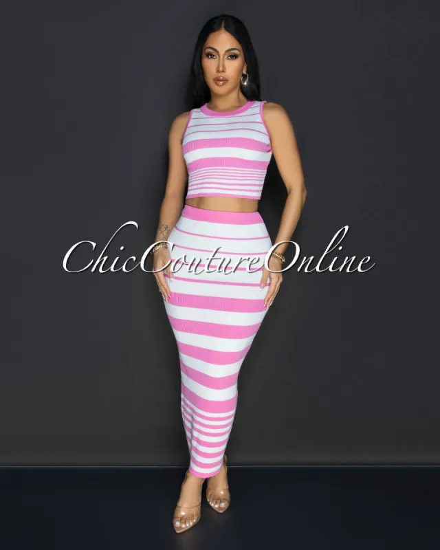 Evaline White Pink Stripes Top & Midi Skirt Set sold by Chic Couture
