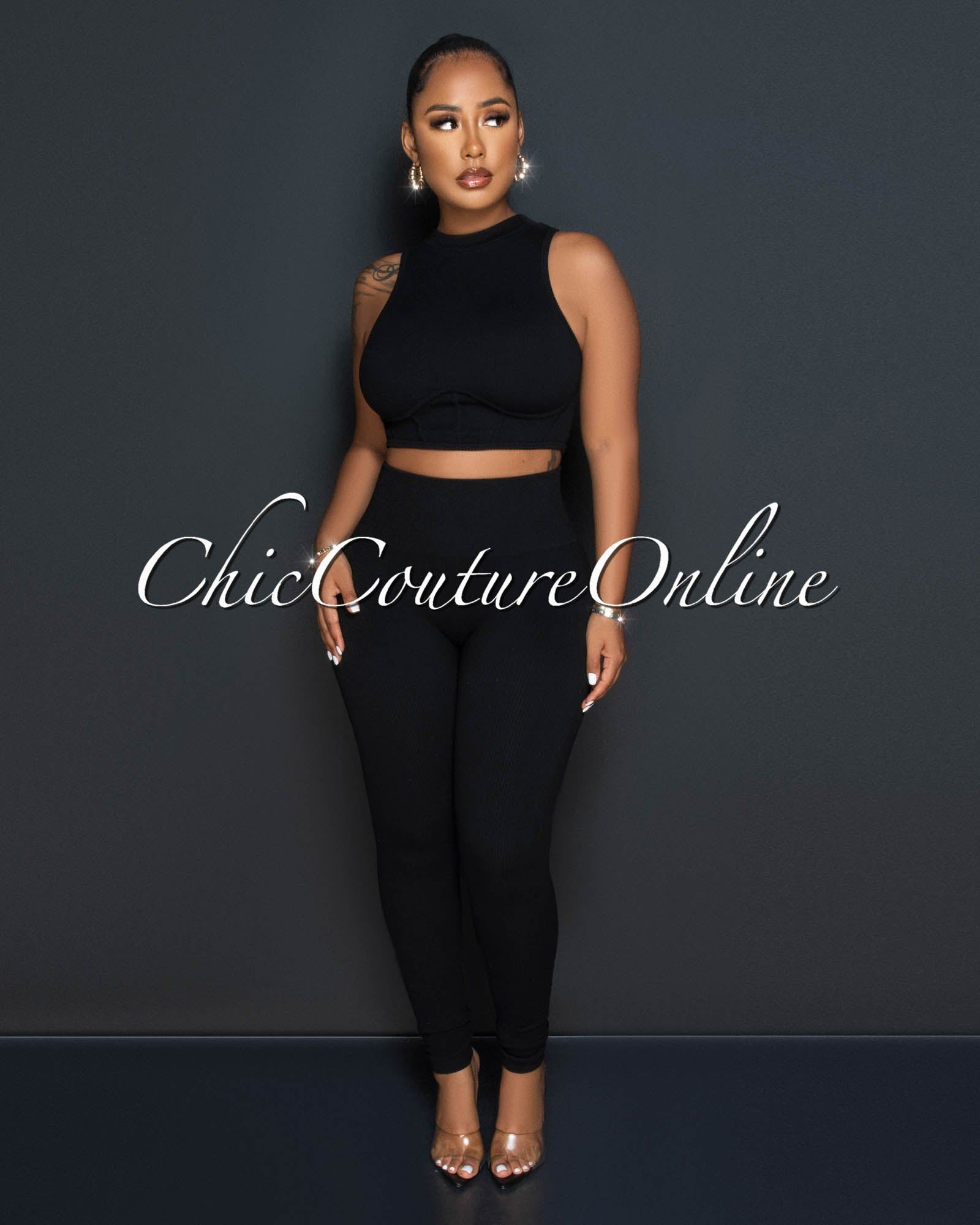 Tracy Black Ribbed Crop Top & Leggings Sculpting Set sold by Chic Couture