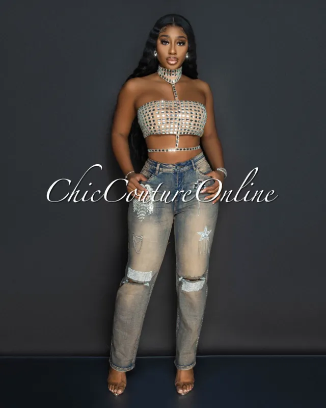 Laya Beige Denim Rhinestones Fringe Accent Jeans sold by Chic Couture