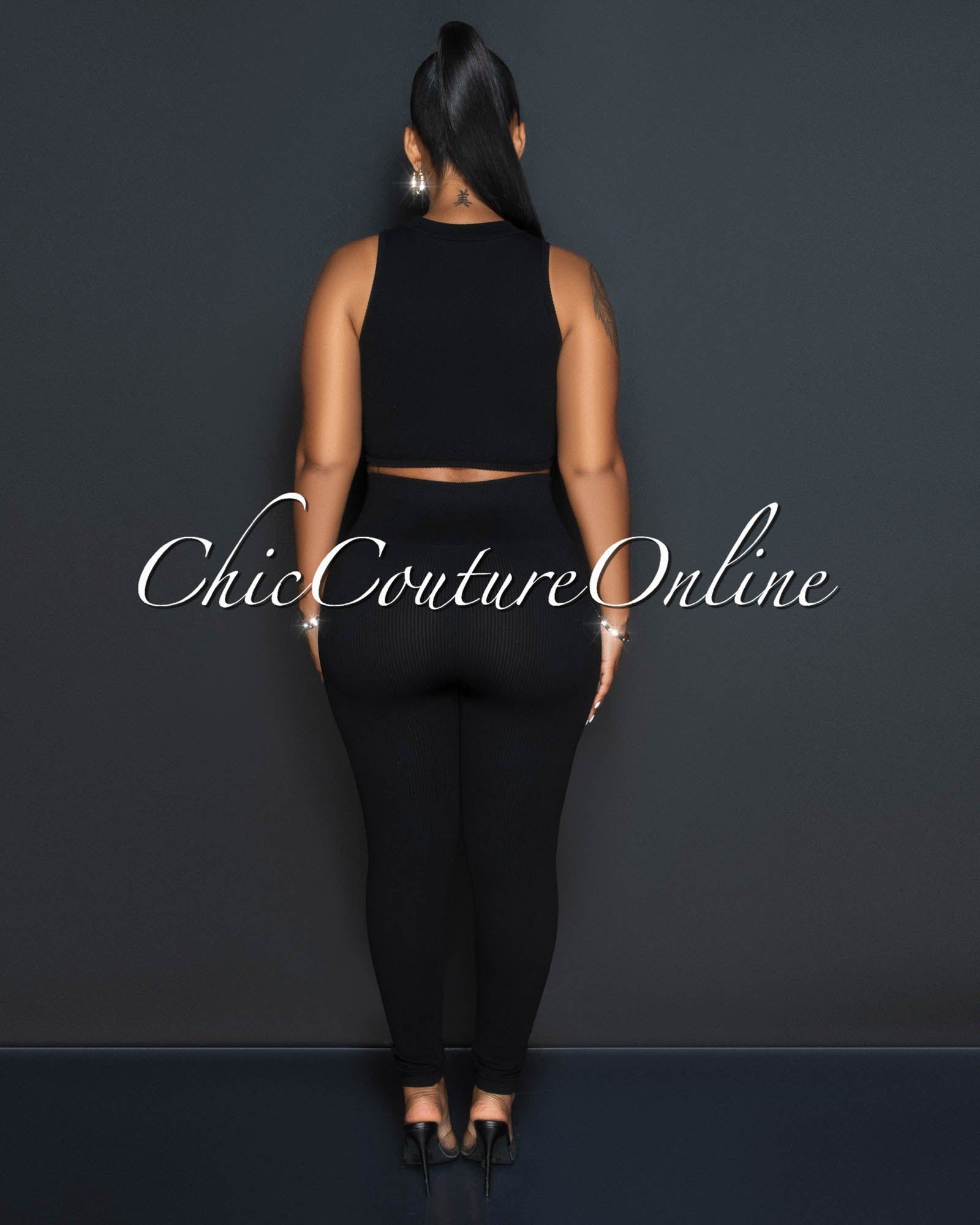 Tracy Black Ribbed Crop Top & Leggings Sculpting Set sold by Chic Couture product image thumbnail 3