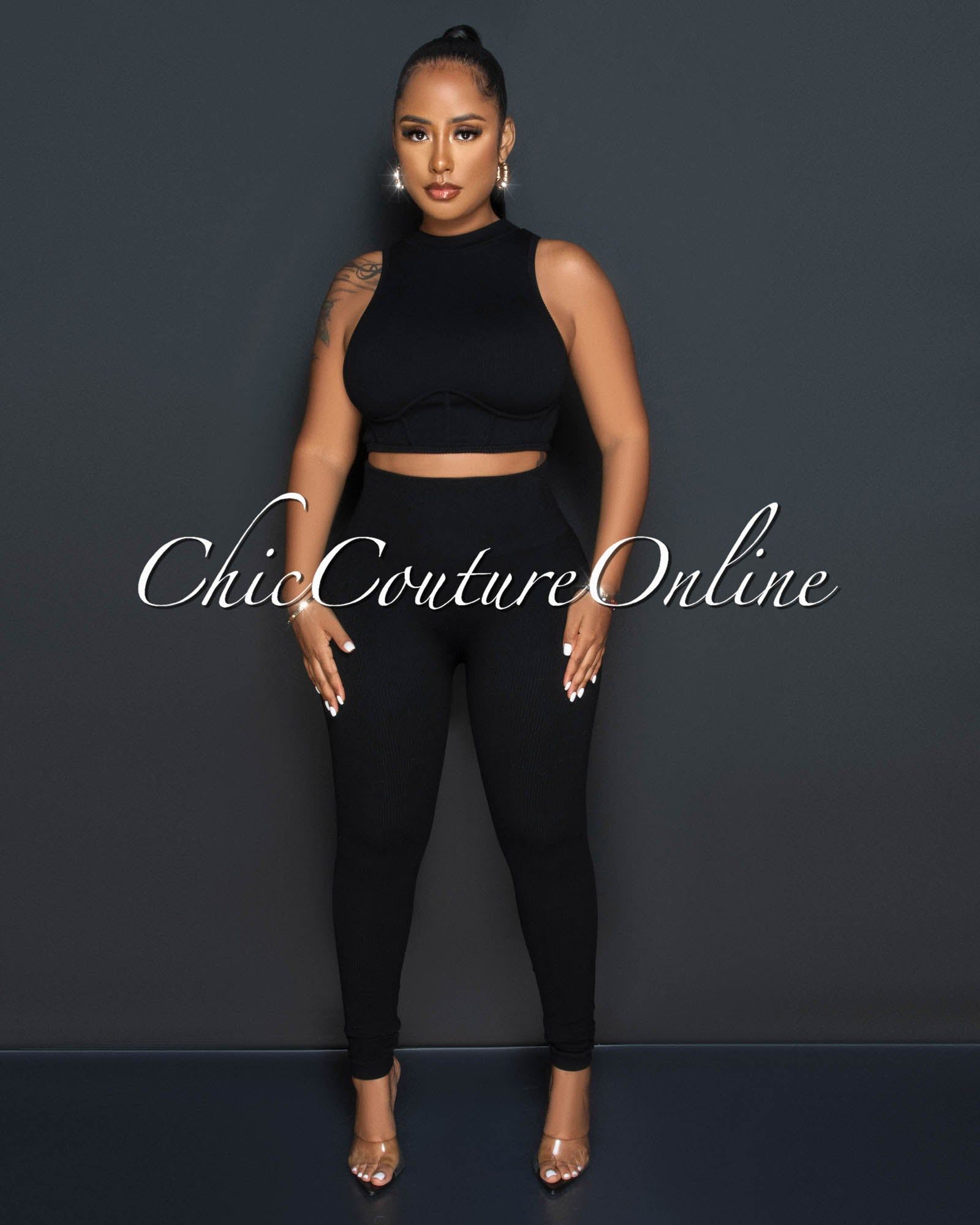Tracy Black Ribbed Crop Top & Leggings Sculpting Set sold by Chic Couture product image thumbnail 2