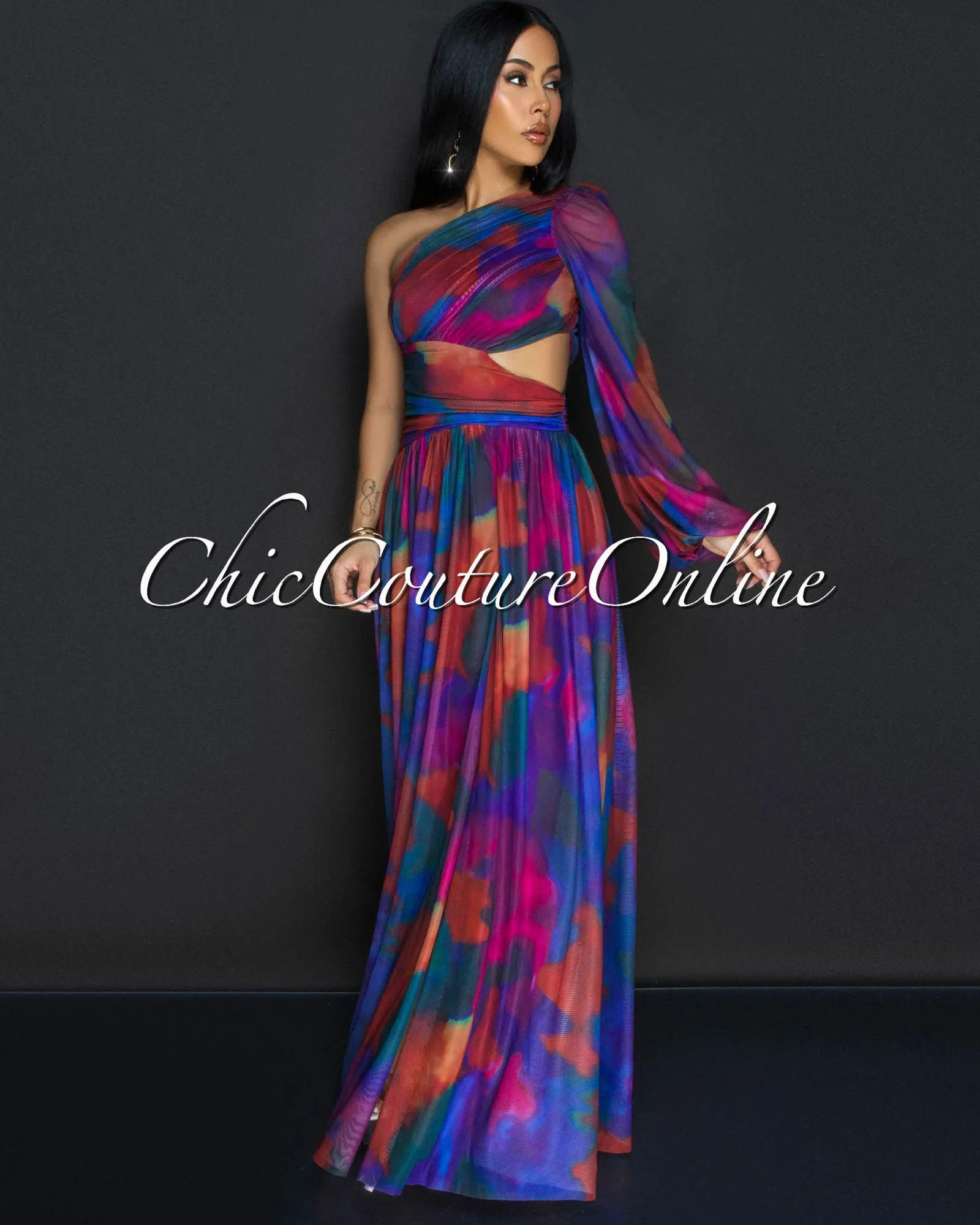 Verity Multi-Color Single Sleeve Maxi Dress sold by Chic Couture product image thumbnail 2