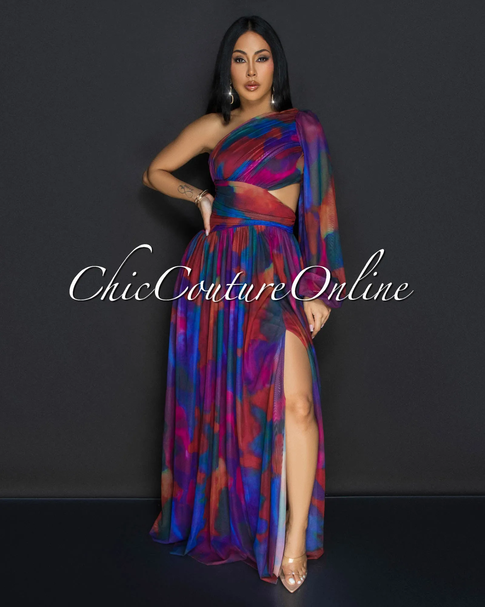 Verity Multi-Color Single Sleeve Maxi Dress sold by Chic Couture