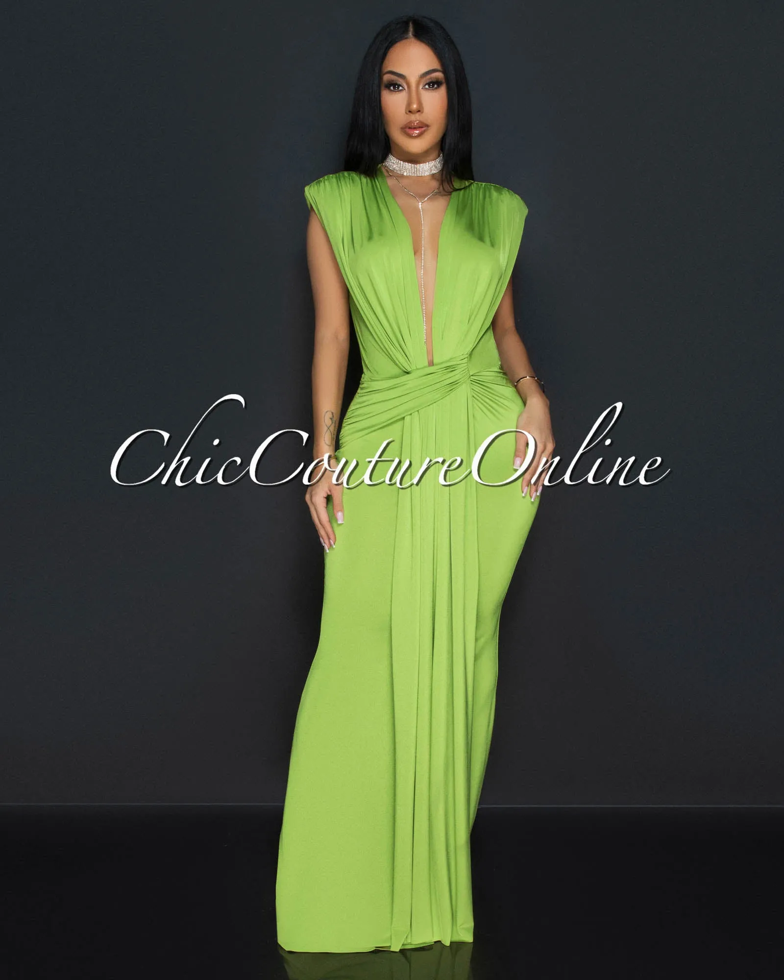 Alea Lime Green Sleeveless Deep V Neck Maxi Dress sold by Chic Couture product image thumbnail 2