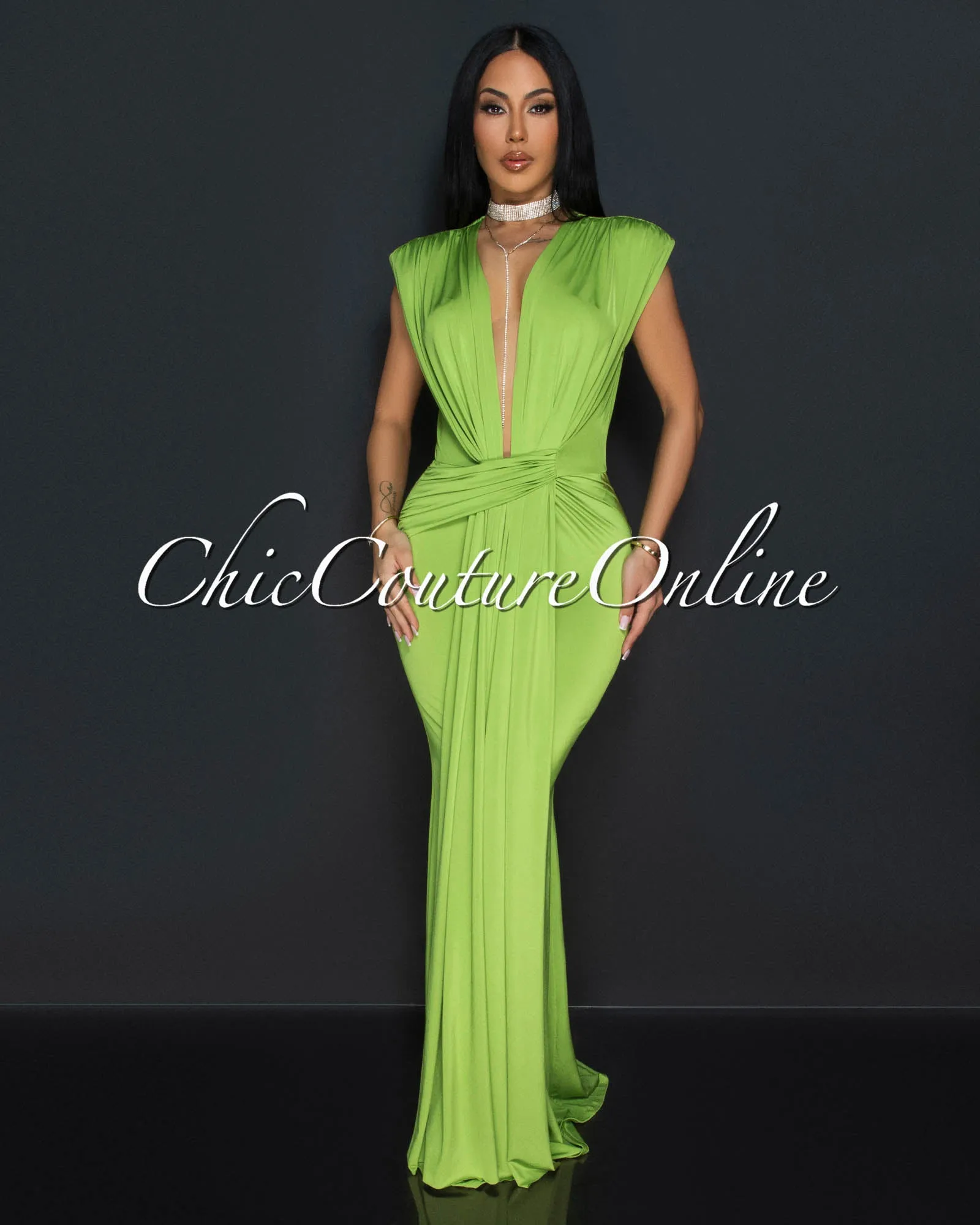 Alea Lime Green Sleeveless Deep V Neck Maxi Dress sold by Chic Couture