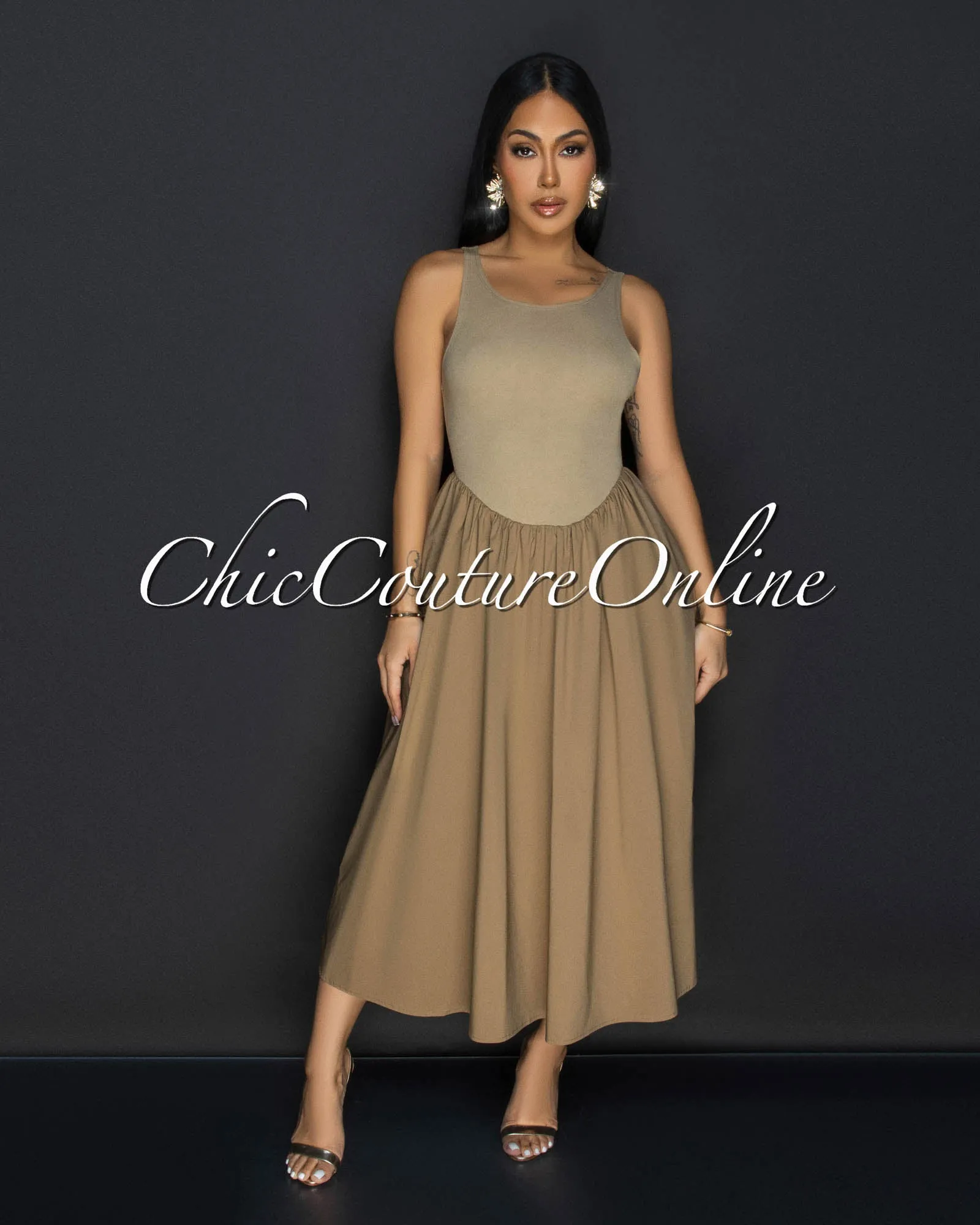 Silvy Khaki Sleeveless Midi Dress sold by Chic Couture product image thumbnail 2