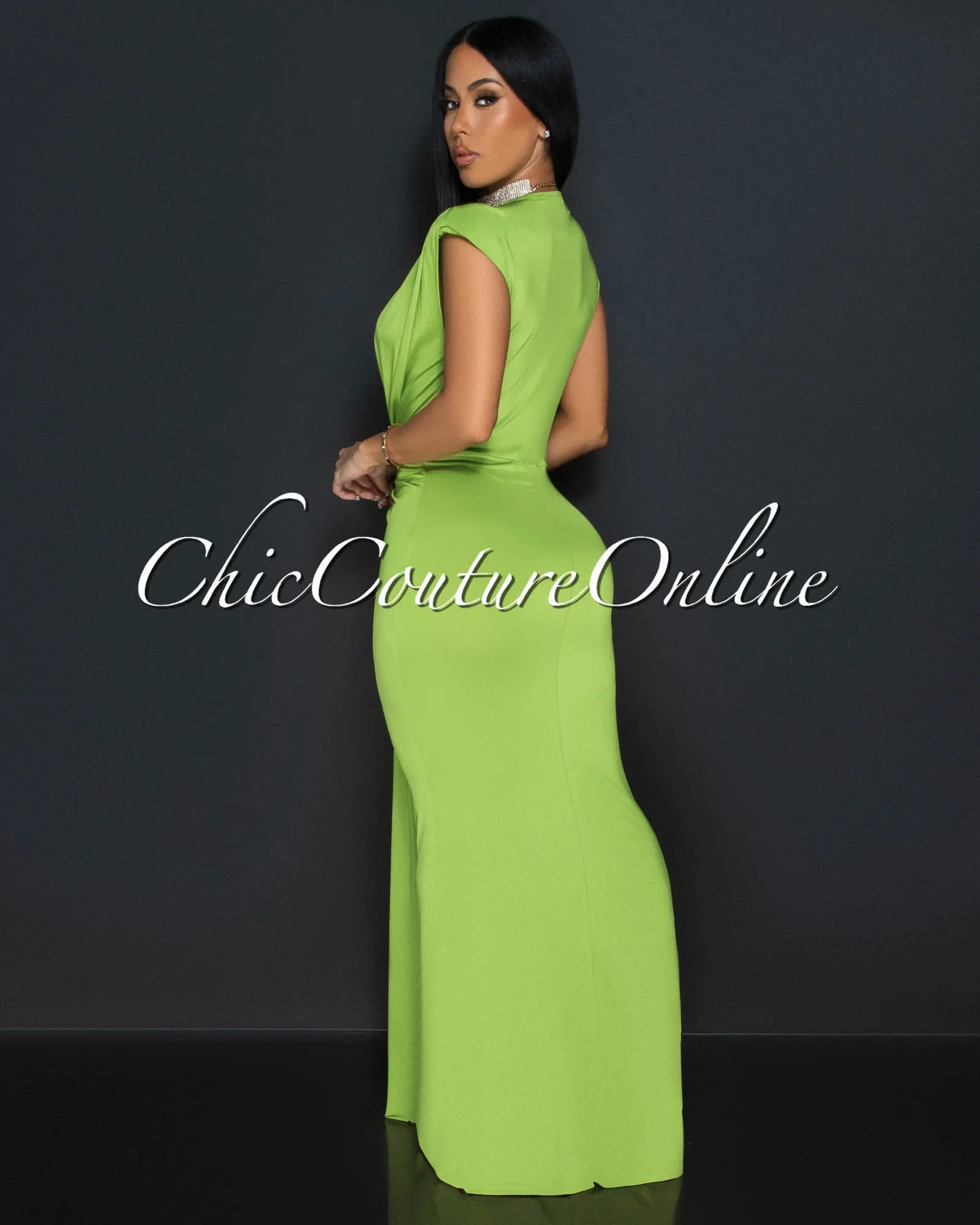 Alea Lime Green Sleeveless Deep V Neck Maxi Dress sold by Chic Couture product image thumbnail 3
