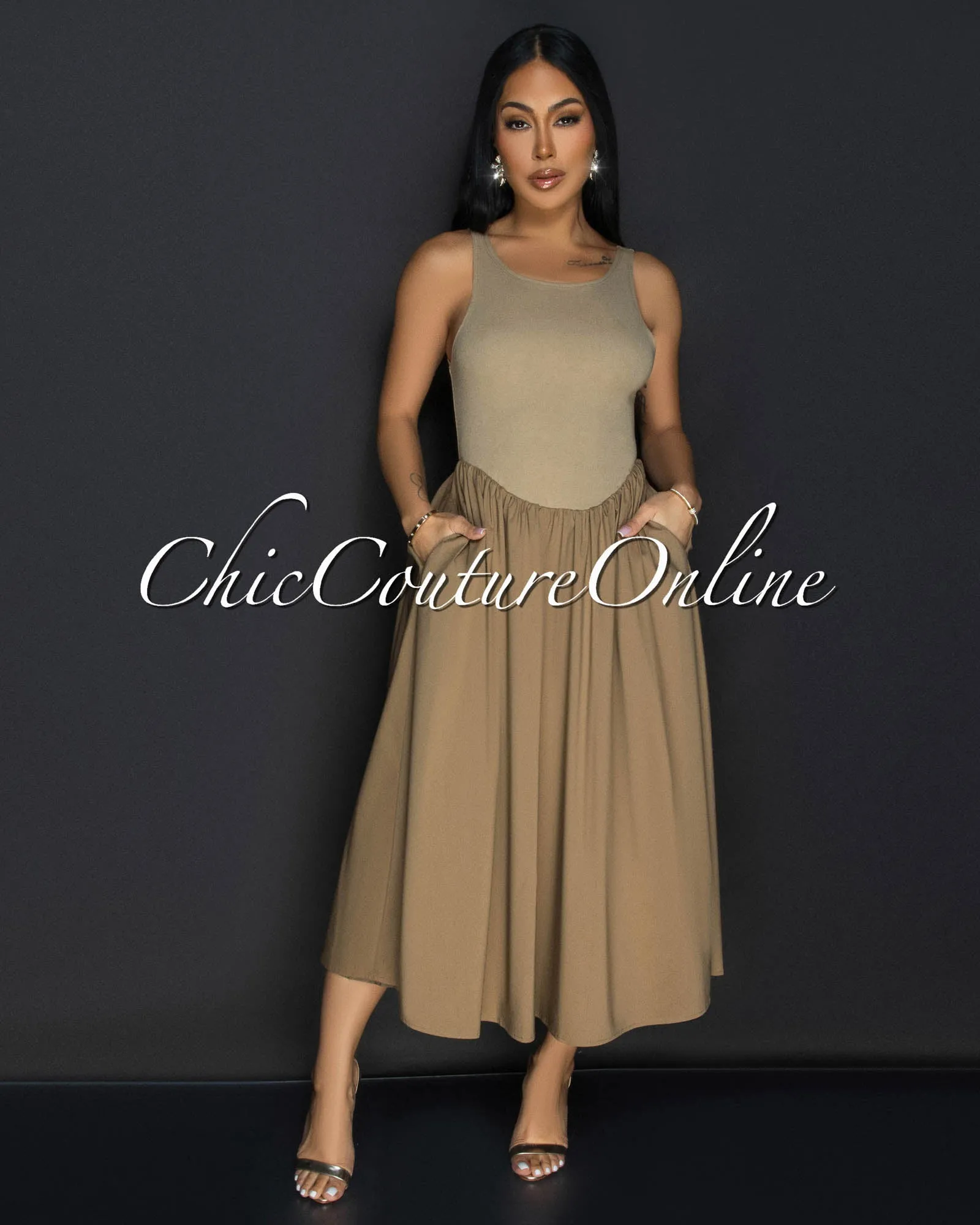 Silvy Khaki Sleeveless Midi Dress sold by Chic Couture product image thumbnail 4
