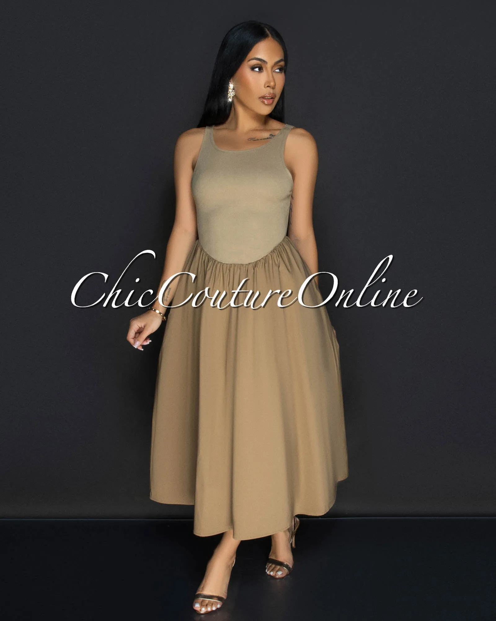 Silvy Khaki Sleeveless Midi Dress sold by Chic Couture