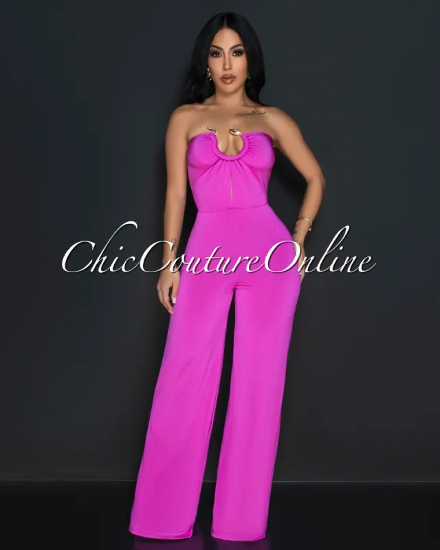 Lyla Fuchsia Snake Gold Accent Strapless Jumpsuit sold by Chic Couture