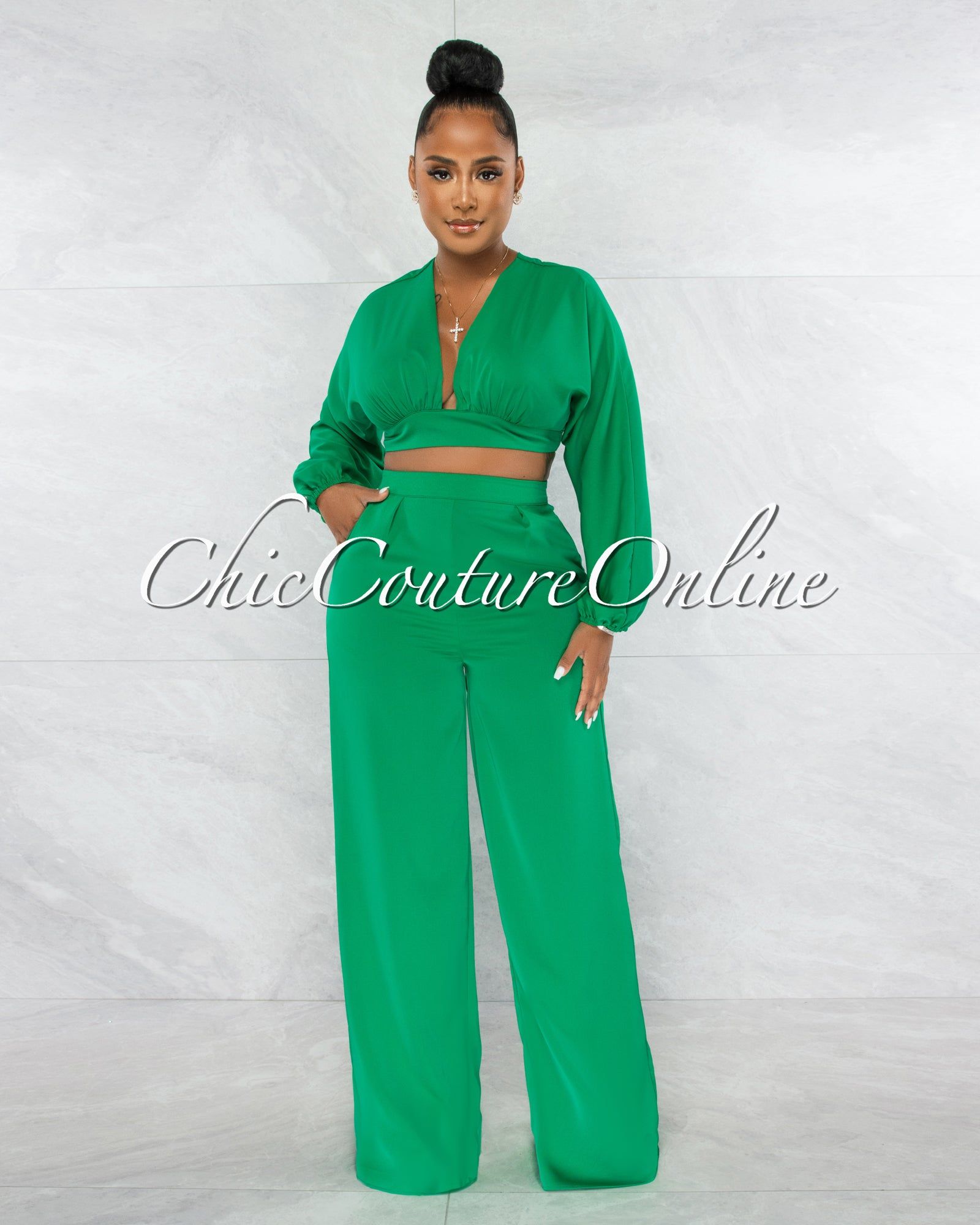 Paola Green Long Sleeves Crop Top & Wide Pants Set sold by Chic Couture