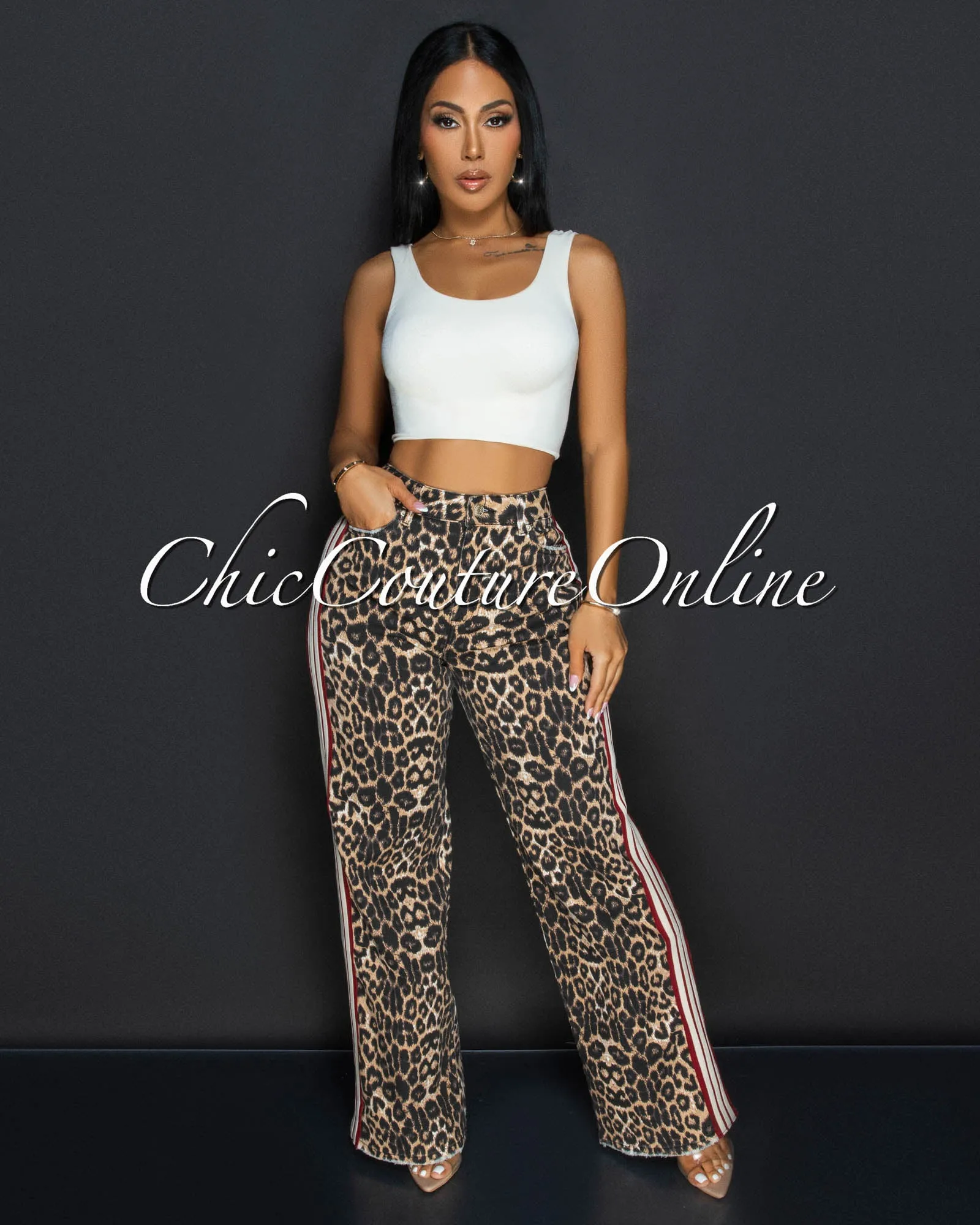 *Gyada Leopard Red Beige Stripes Wide Legs Jeans sold by Chic Couture product image thumbnail 3