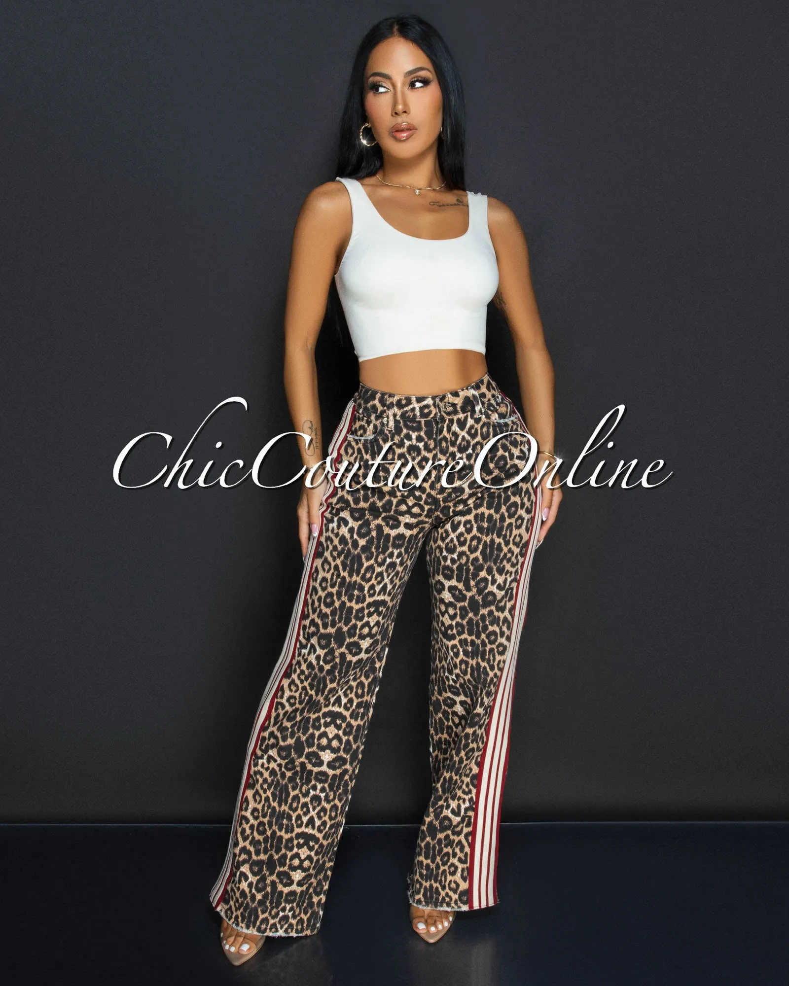 *Gyada Leopard Red Beige Stripes Wide Legs Jeans sold by Chic Couture