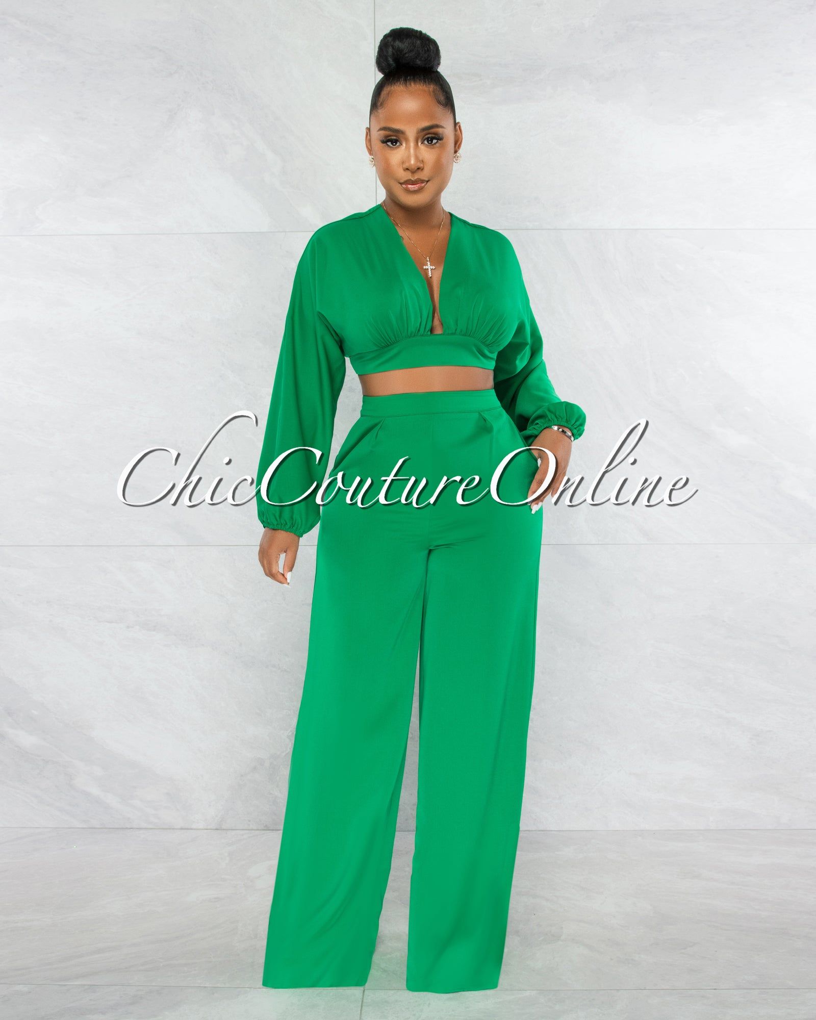 Paola Green Long Sleeves Crop Top & Wide Pants Set sold by Chic Couture product image thumbnail 2