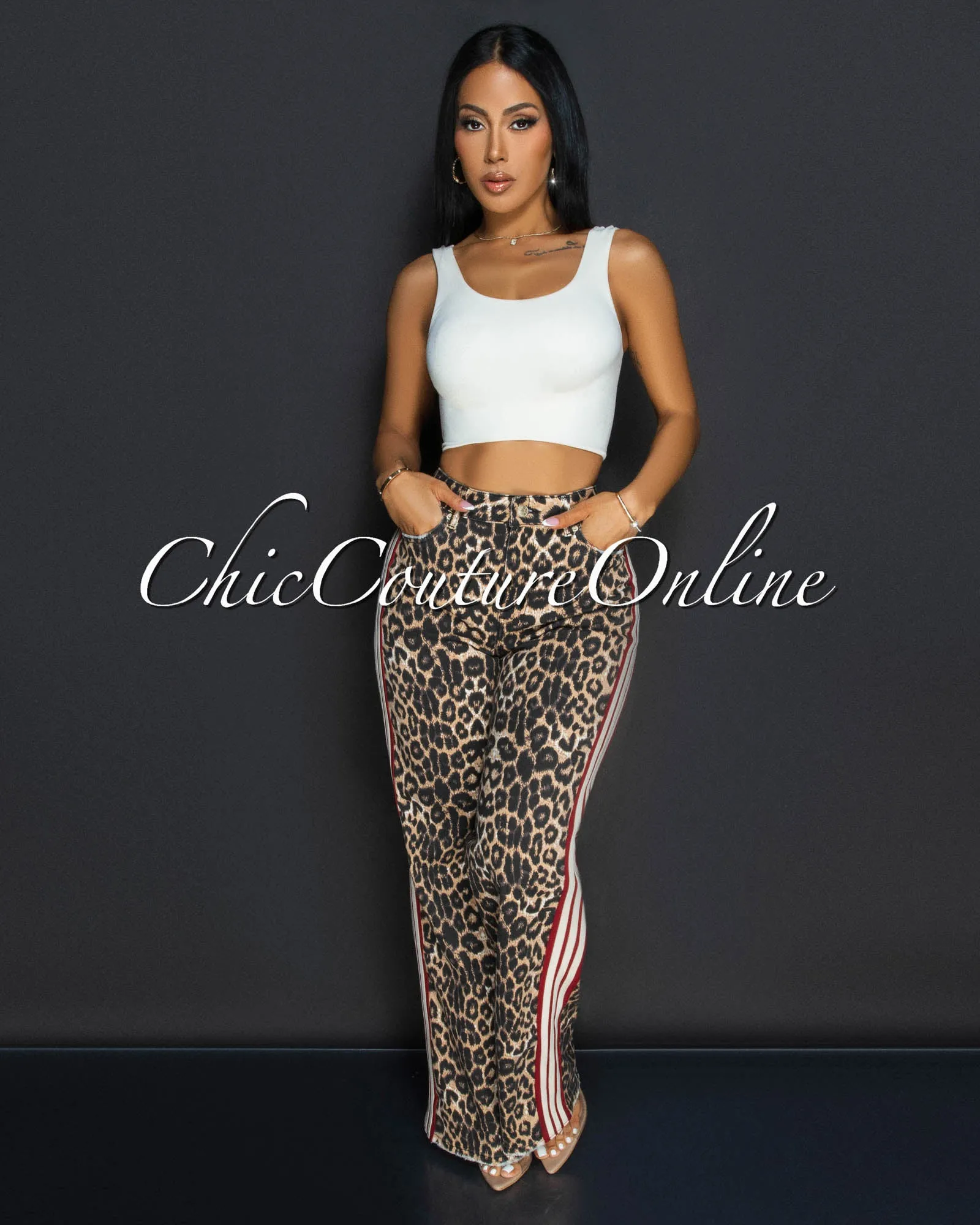 *Gyada Leopard Red Beige Stripes Wide Legs Jeans sold by Chic Couture product image thumbnail 2