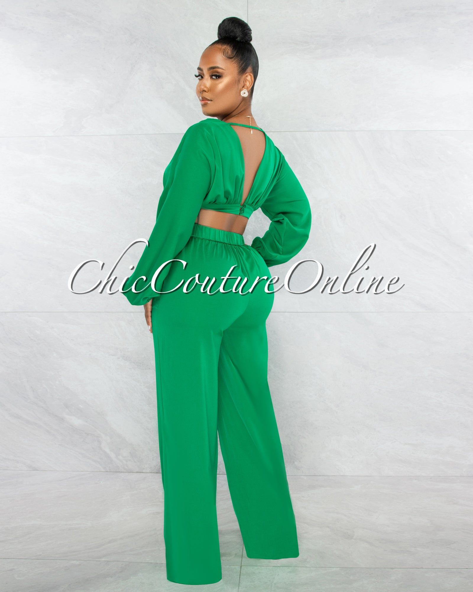 Paola Green Long Sleeves Crop Top & Wide Pants Set sold by Chic Couture product image thumbnail 3