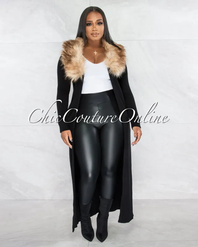 Corley Black Brown Faux Fur Sweater Cardigan sold by Chic Couture