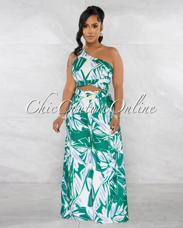 *Dressa Green White Print Crop Top & Gold Boho Buckle Belt Pants Set sold by Chic Couture