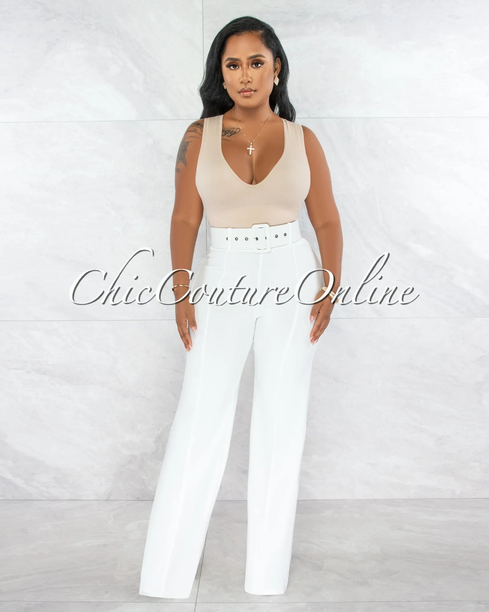 *Faina Off-White Belt High Waist Palazzo Pants sold by Chic Couture