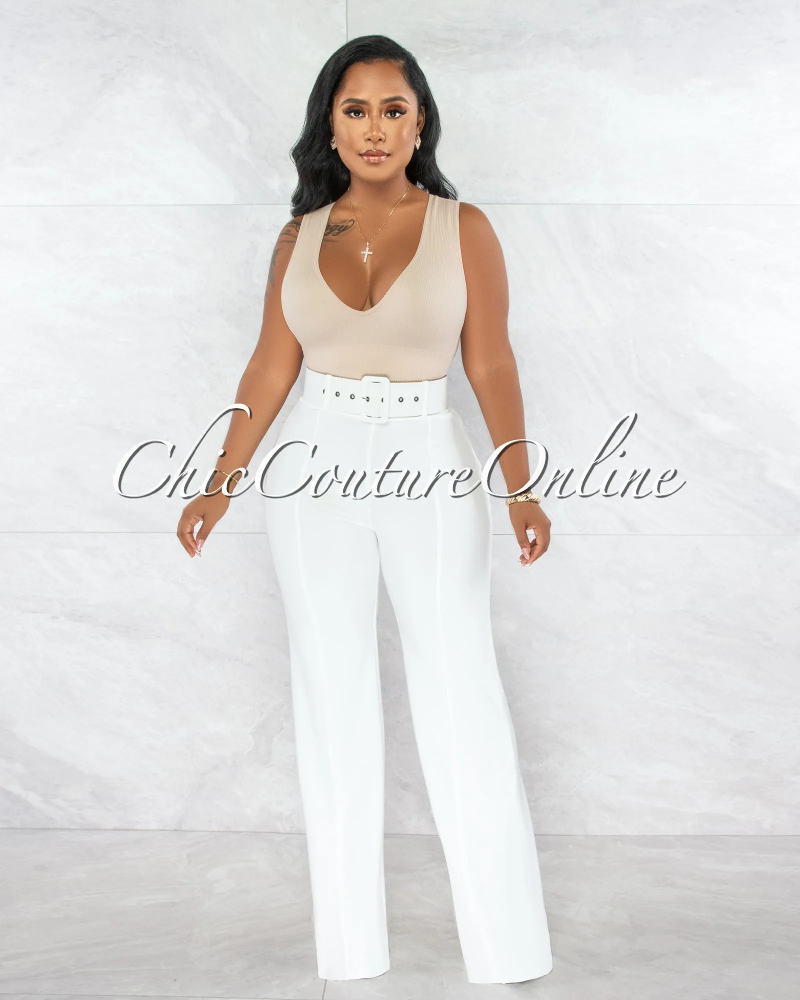 *Faina Off-White Belt High Waist Palazzo Pants sold by Chic Couture product image thumbnail 2