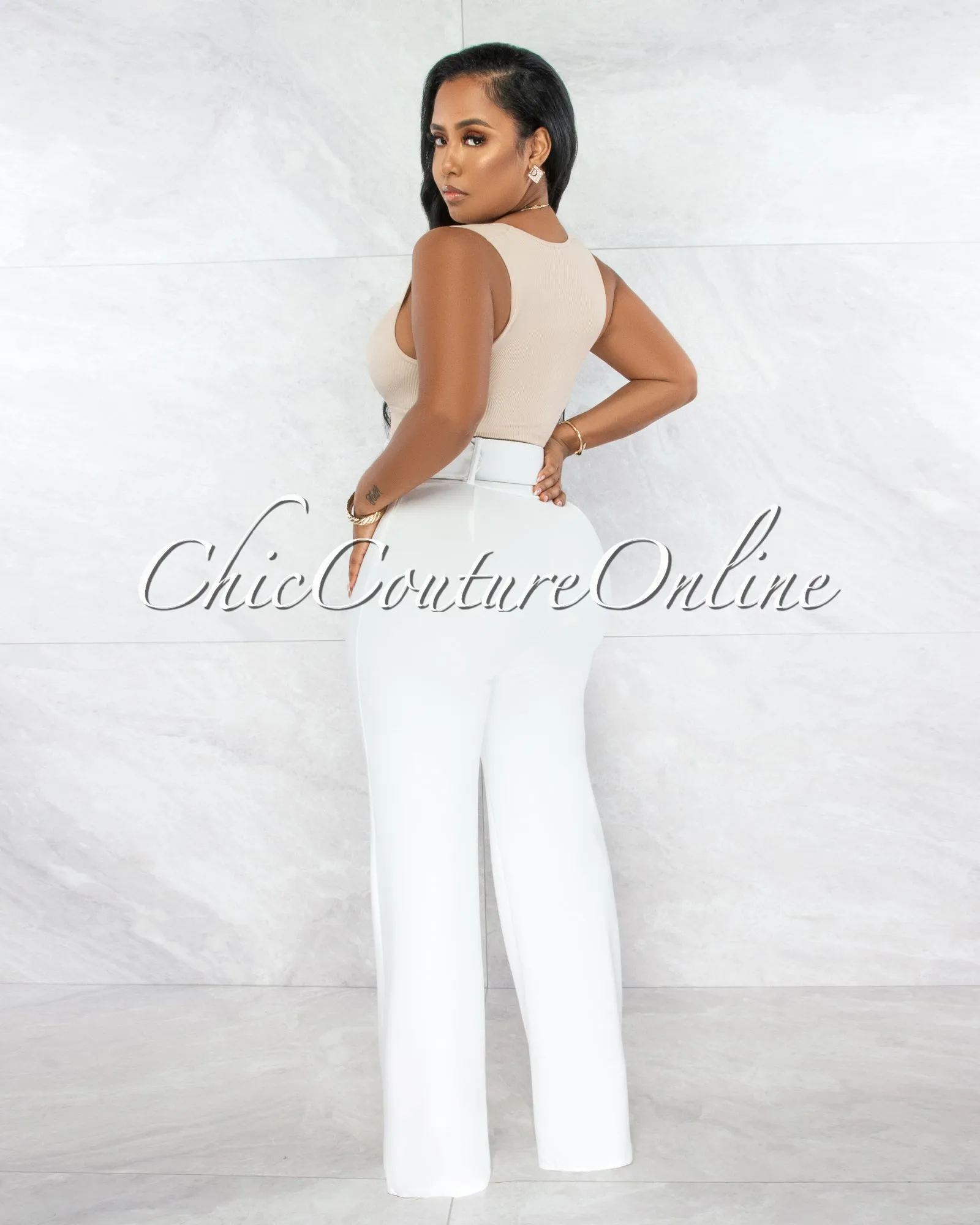 *Faina Off-White Belt High Waist Palazzo Pants sold by Chic Couture product image thumbnail 3