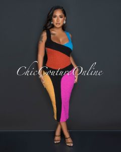 Magdalena Black Multi Color Block Textured Midi Dress sold by Chic Couture