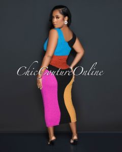 Magdalena Black Multi Color Block Textured Midi Dress sold by Chic Couture