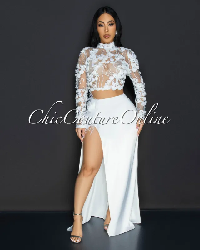Nea White Floral Crop Top & Maxi Silk Skirt Set sold by Chic Couture