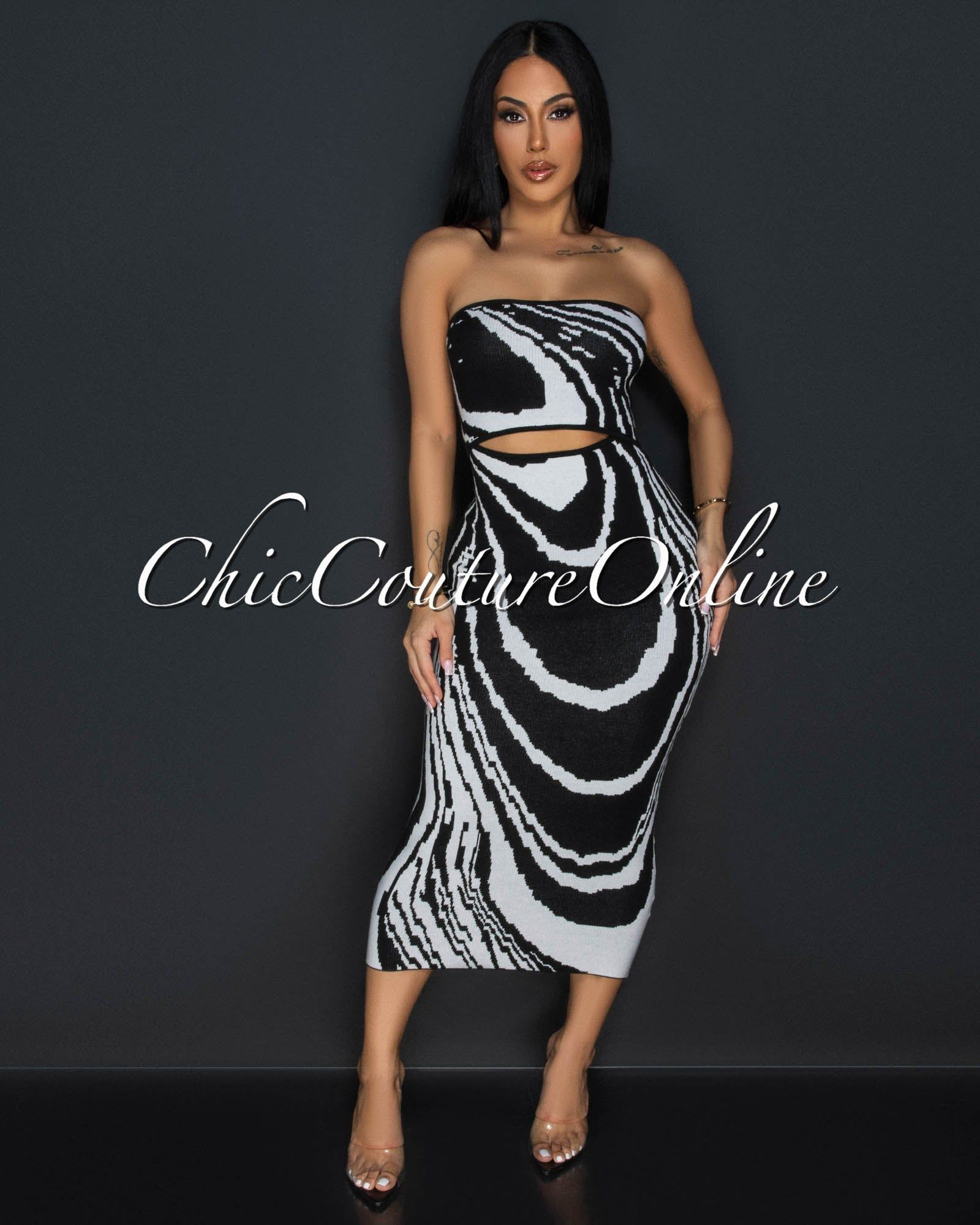 Valonia Black White Print Cut-Out Tube Midi Dress sold by Chic Couture